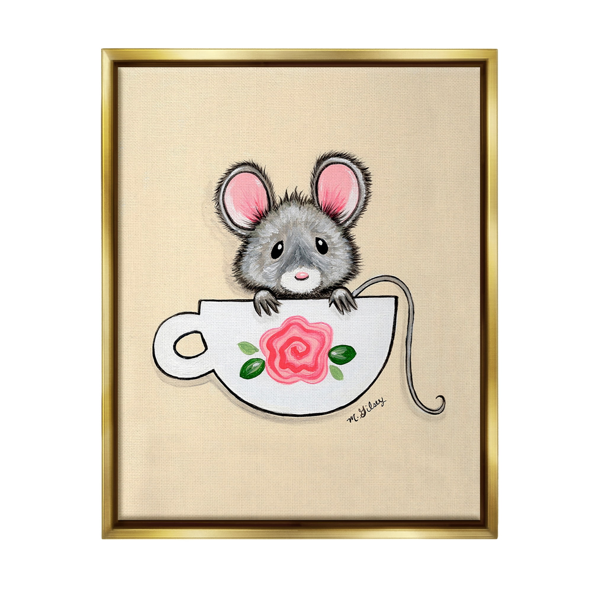 Stupell Industries Mouse in Teacup Animals & Insects Painting Gold Floater Framed Canvas Art Print Wall Art, 17 x 21