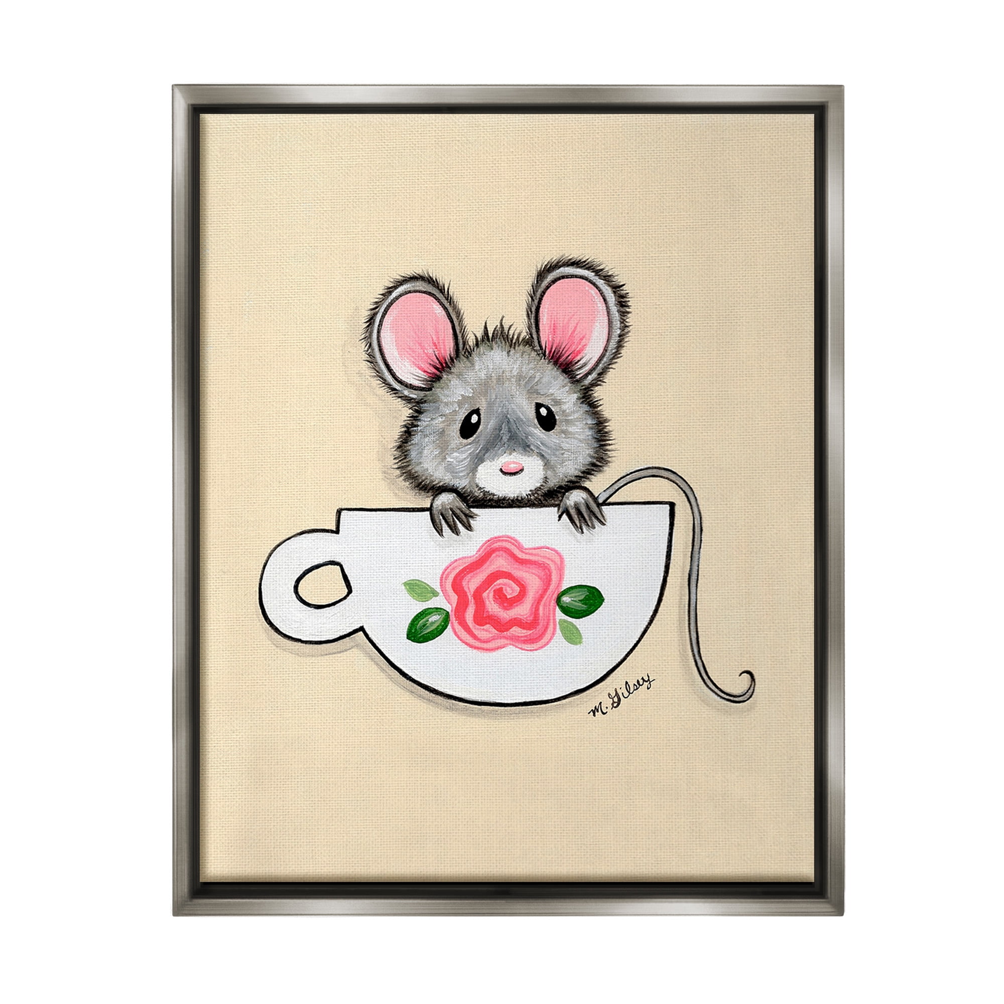 Stupell Industries Mouse in Teacup Animals & Insects Painting Gray Floater Framed Canvas Art Print Wall Art, 25 x 31