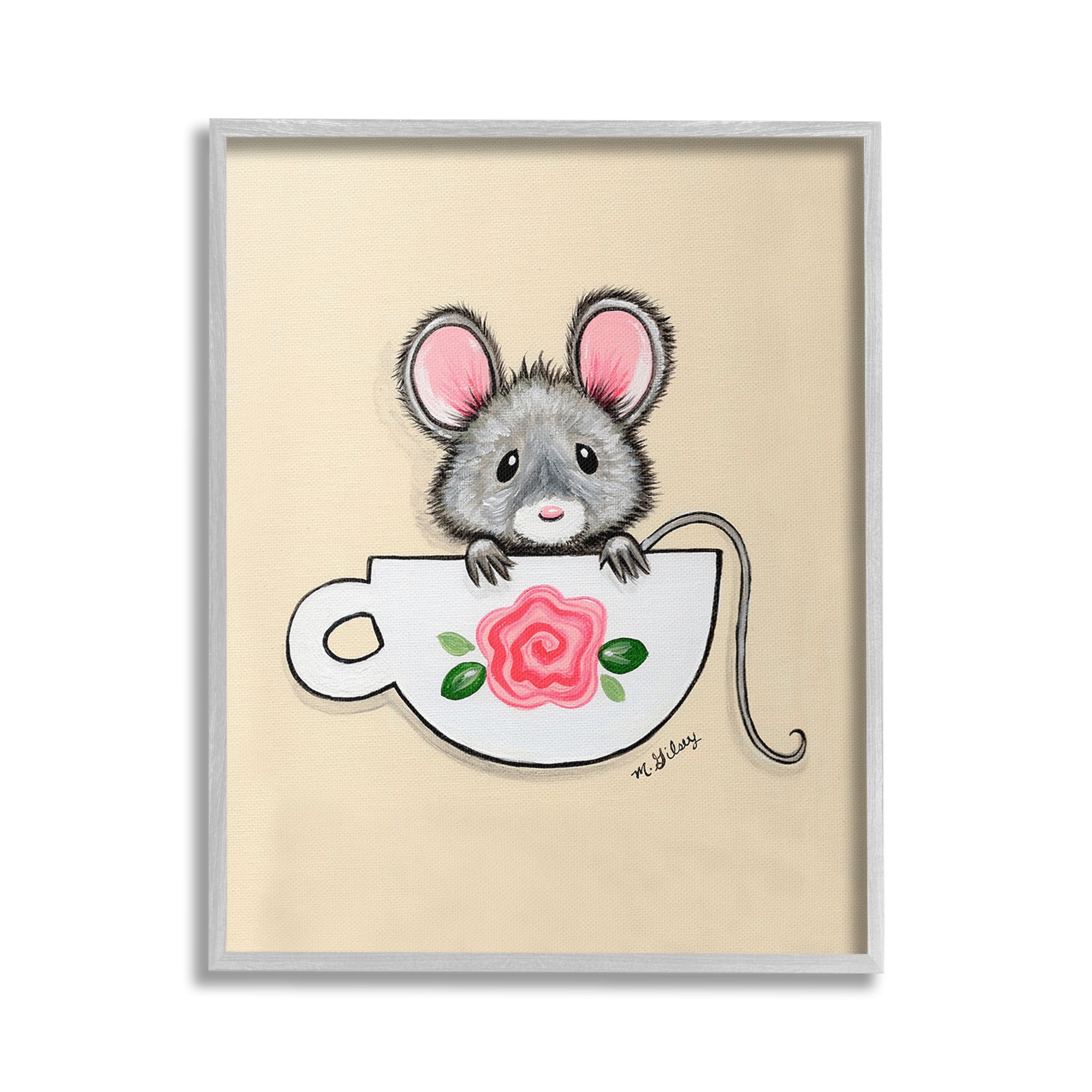 Stupell Industries Mouse in Teacup Animals & Insects Painting Gray Framed Art Print Wall Art, 24 x 30