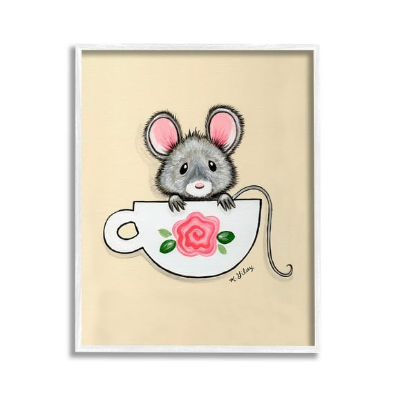 Stupell Industries Mouse in Teacup Animals & Insects Painting White Framed Art Print Wall Art, 11 x 14