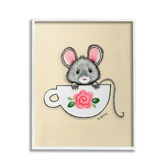 Stupell Industries Mouse in Teacup Animals & Insects Painting White Framed Art Print Wall Art, 24 x 30