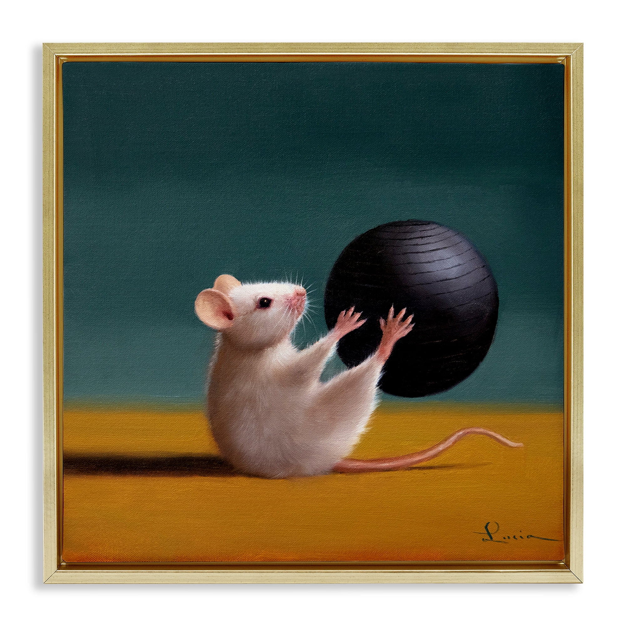 Stupell Industries Mouse with Exercise Ball Animals & Insects Painting Gold Floater Framed Canvas Art Print Wall Art, 25 x 25