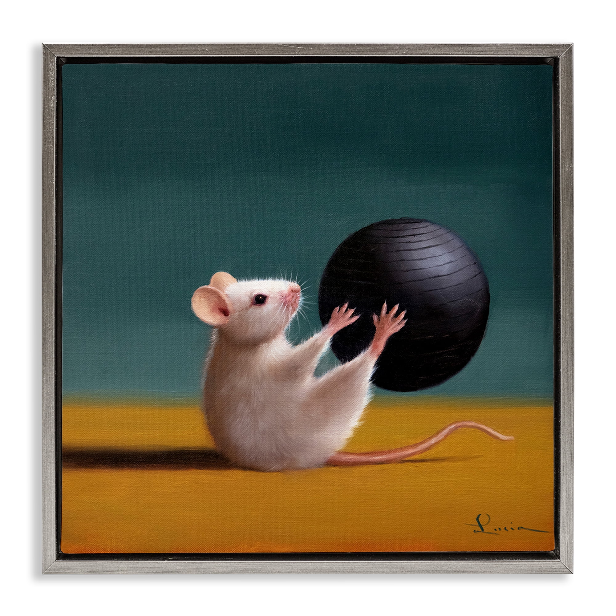 Stupell Industries Mouse with Exercise Ball Animals & Insects Painting Gray Floater Framed Canvas Art Print Wall Art, 18 x 18