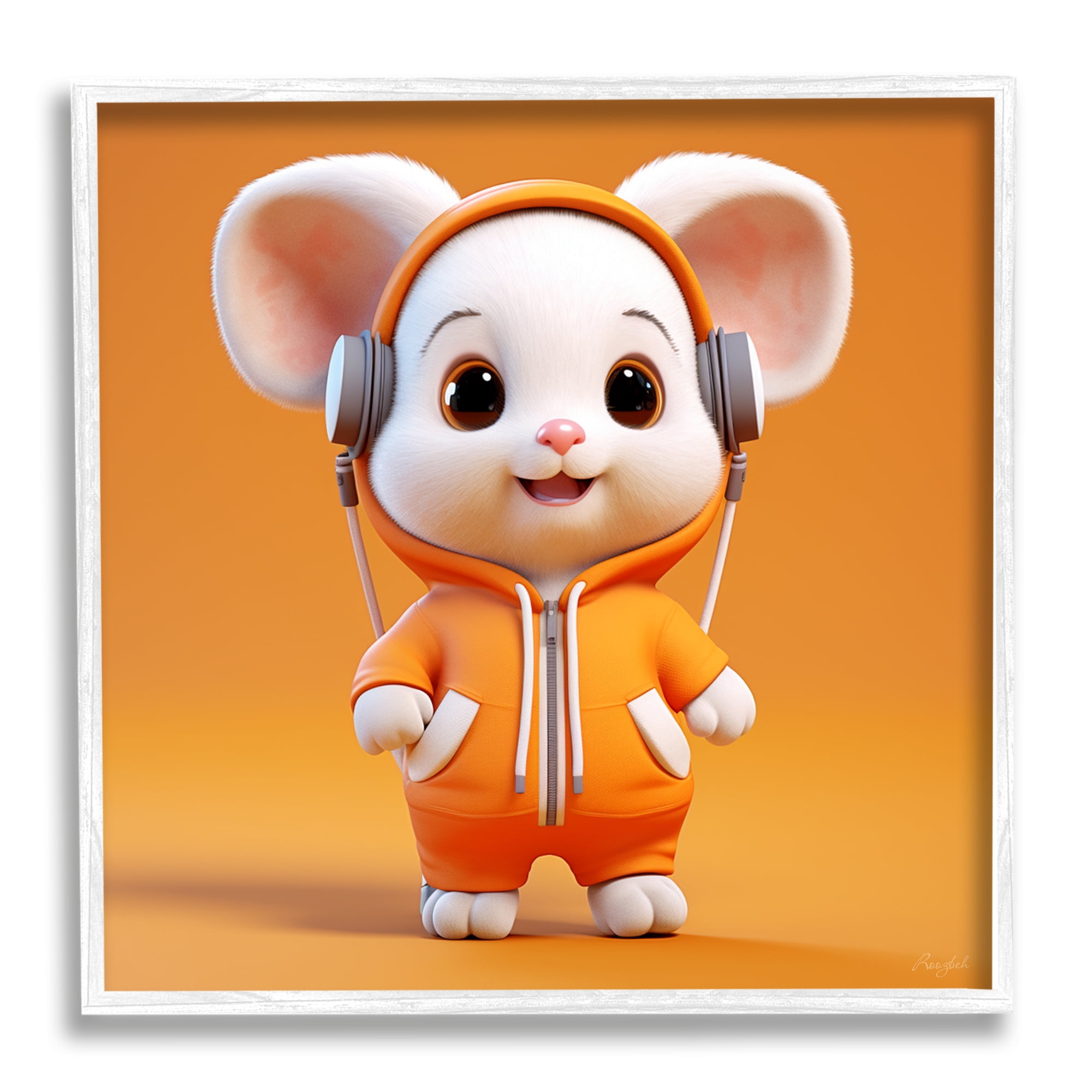 Stupell Industries Mouse with Headphones Animals & Insects Painting White Framed Art Print Wall Art, 24 x 24