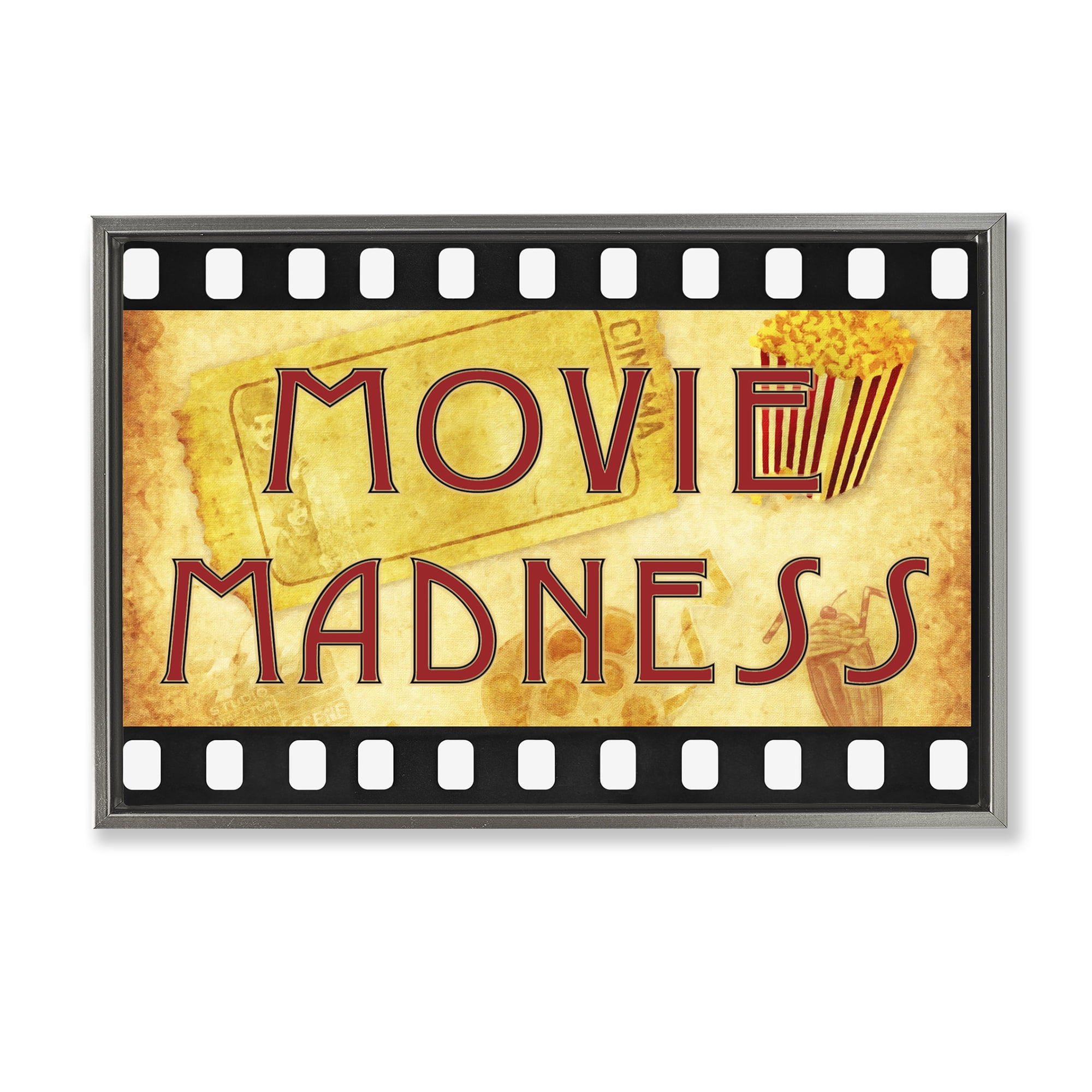 Stupell Industries Movie Madness Classic Sign Entertainment Painting Gray Floater Framed Canvas Art Print Wall Art, 25 x 17