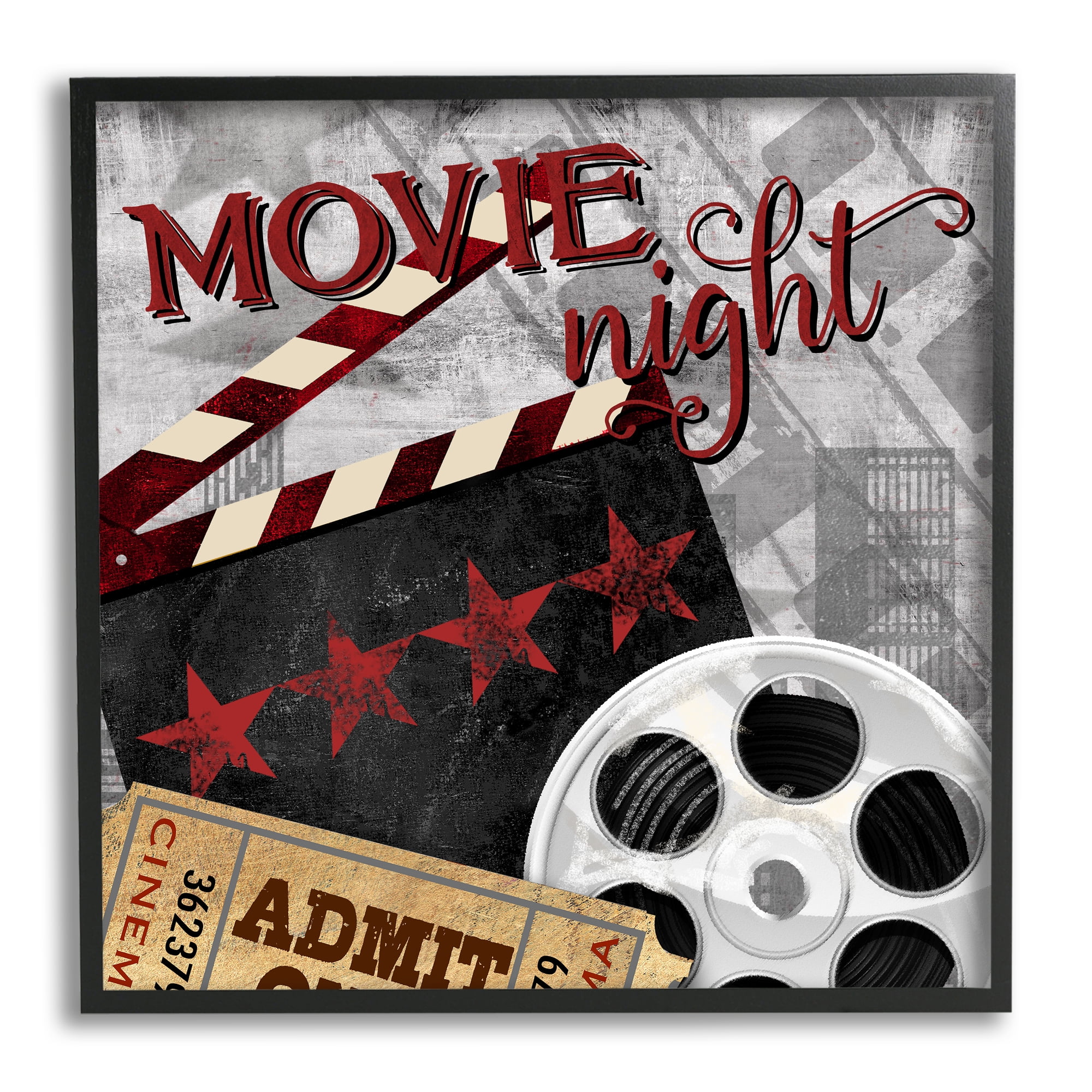 Stupell Industries Movie Night Cinema Reel Entertainment Ticket Sign Graphic Art Black Framed Art Print Wall Art, Design by Conrad Knutsen