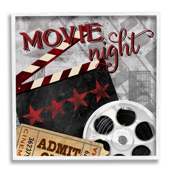 Stupell Industries Movie Night Cinema Reel Entertainment Ticket Sign Graphic Art White Framed Art Print Wall Art, Design by Conrad Knutsen