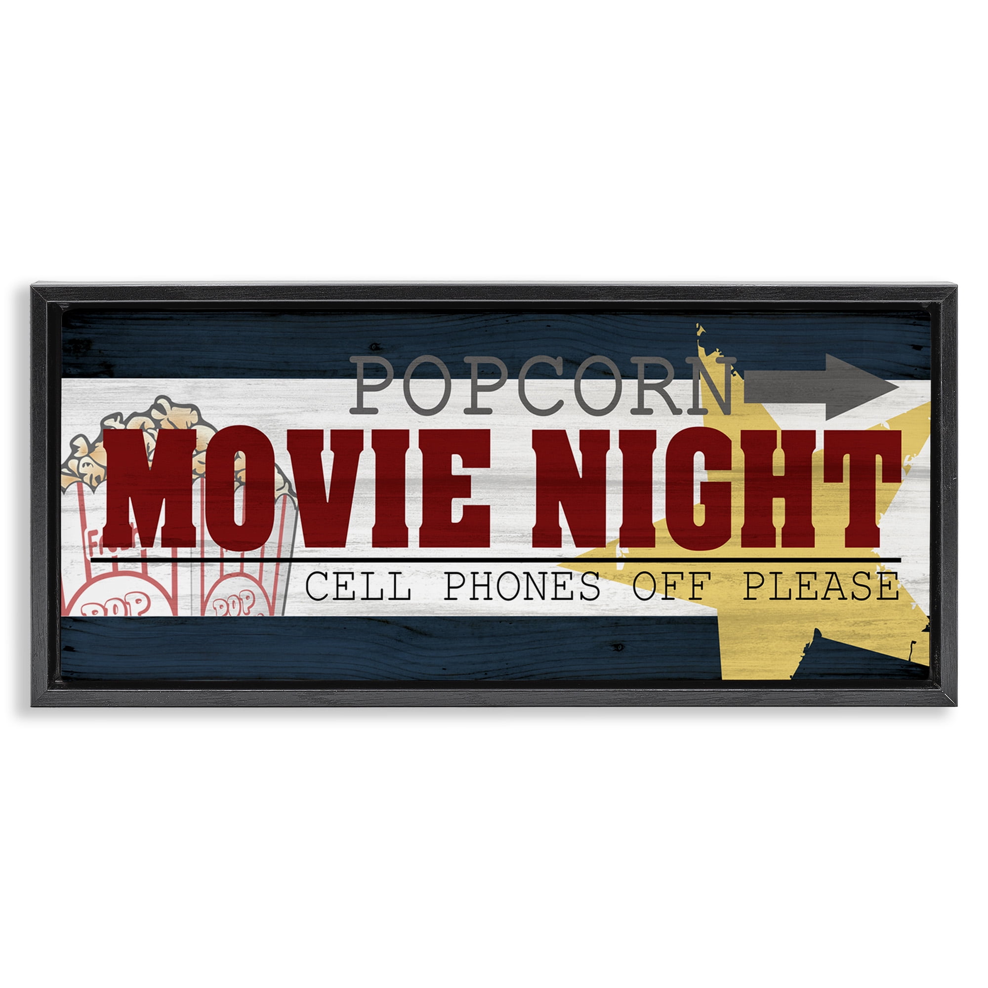 Stupell Industries Movie Night Vintage Sign Typography Painting Black Floater Framed Canvas Art Print Wall Art, 31 x 14