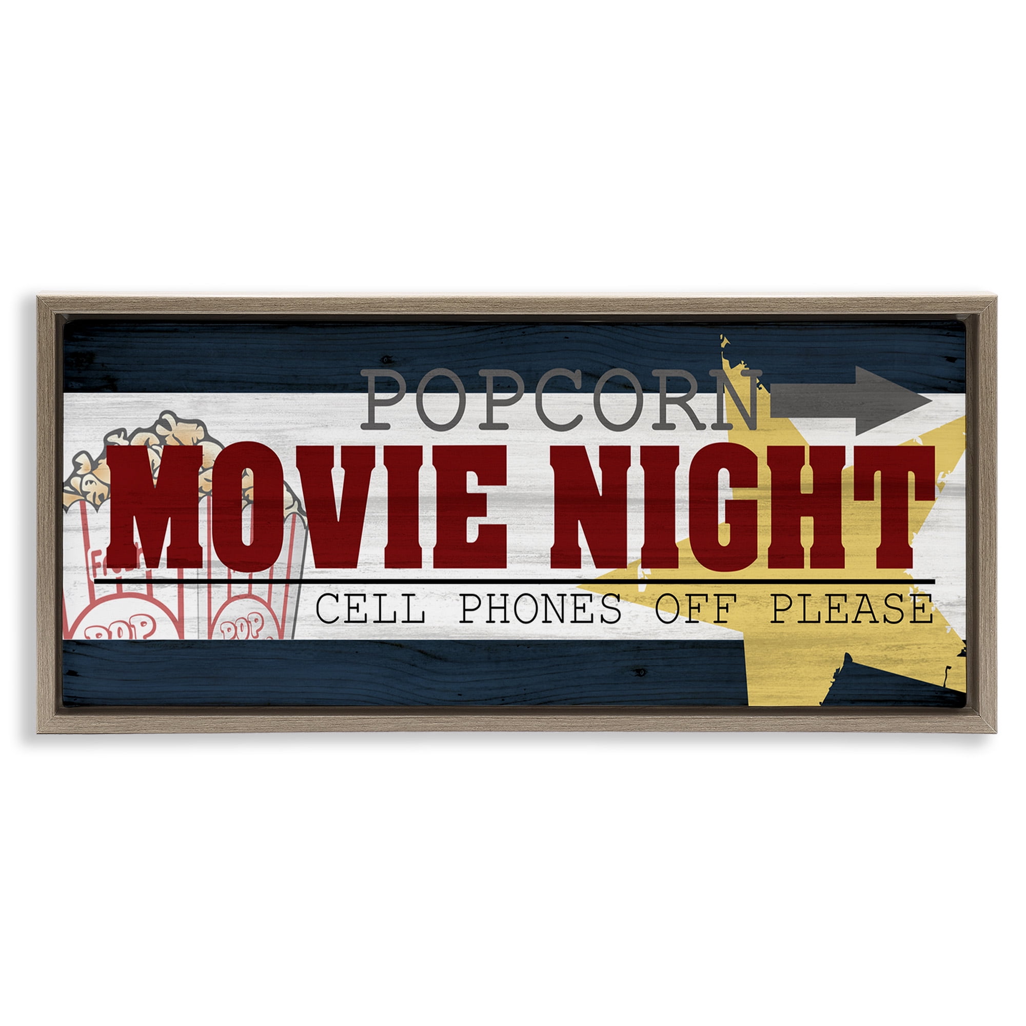 Stupell Industries Movie Night Vintage Sign Typography Painting Brown Floater Framed Canvas Art Print Wall Art, 31 x 14