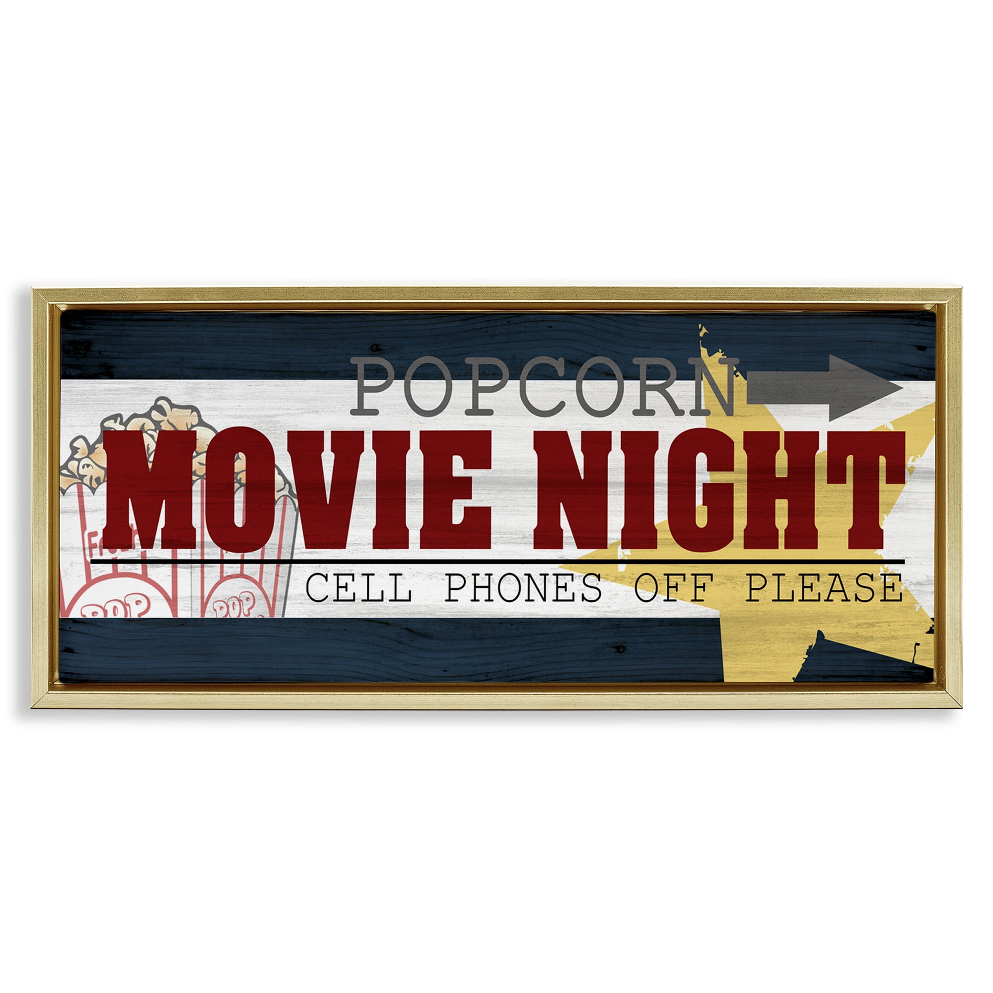Stupell Industries Movie Night Vintage Sign Typography Painting Gold Floater Framed Canvas Art Print Wall Art, 31 x 14