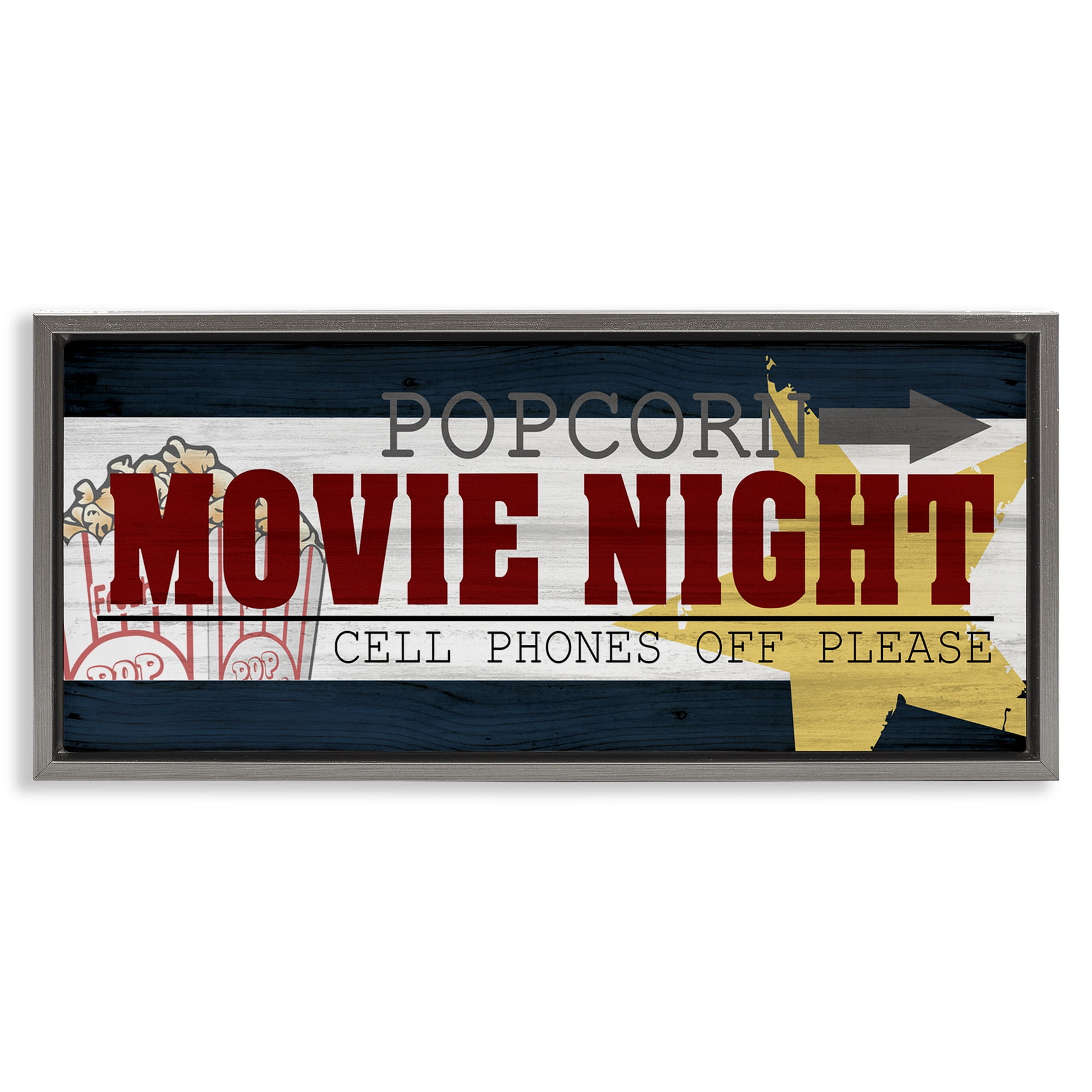 Stupell Industries Movie Night Vintage Sign Typography Painting Gray Floater Framed Canvas Art Print Wall Art, 31 x 14