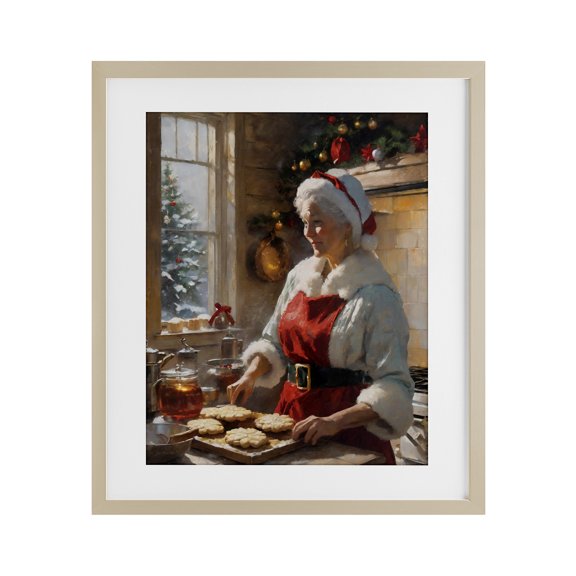 Mrs. Claus Baking Cookies Brown Framed Print Under Glass, 13 x 16, Made In USA