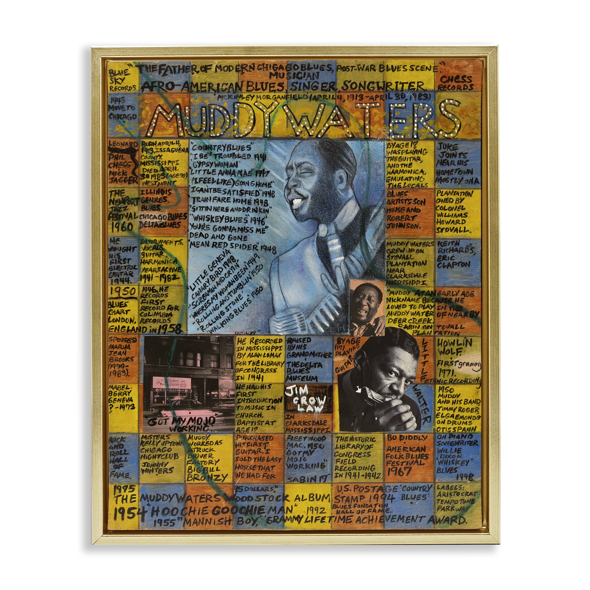 Stupell Industries Muddy Waters Collage People Drawing Gold Floater Framed Canvas Art Print Wall Art, 25 x 31