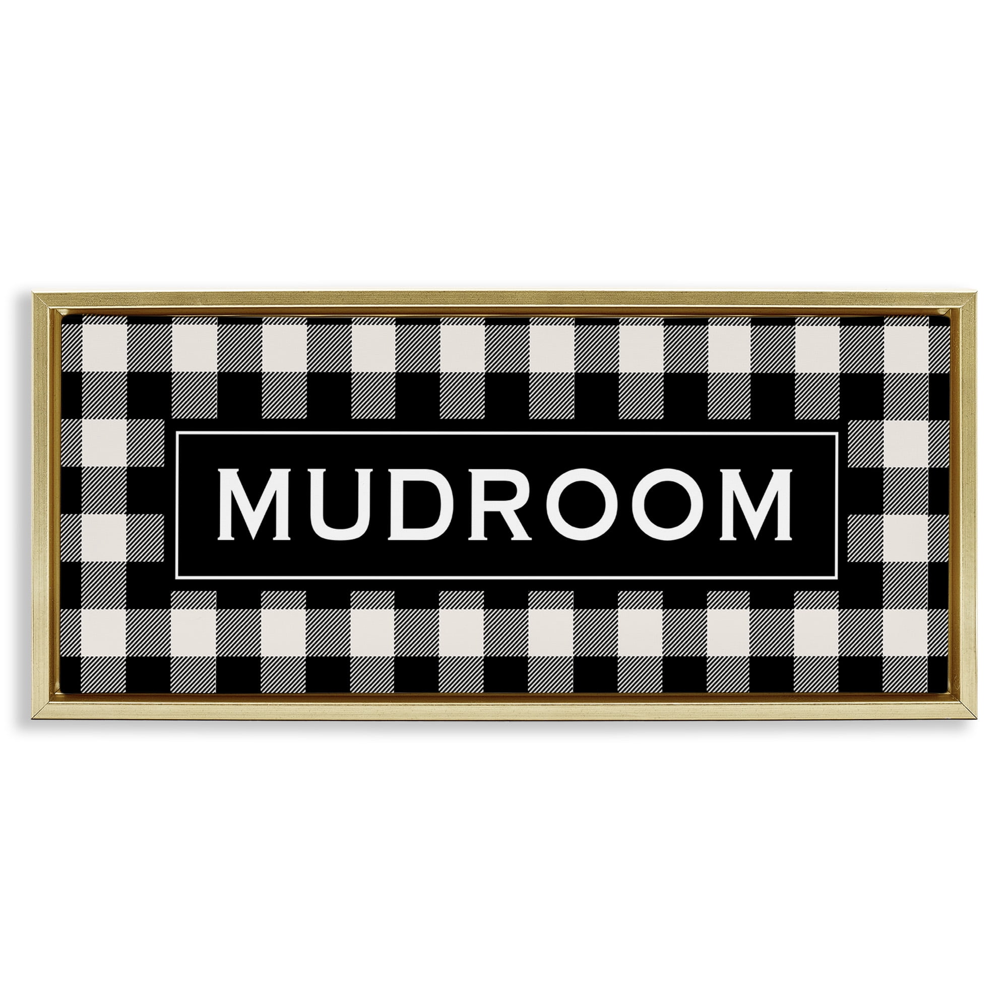 Stupell Industries Mudroom Classic New England Plaid Typography Painting Gold Floater Framed Canvas Art Print Wall Art, 25 x 11