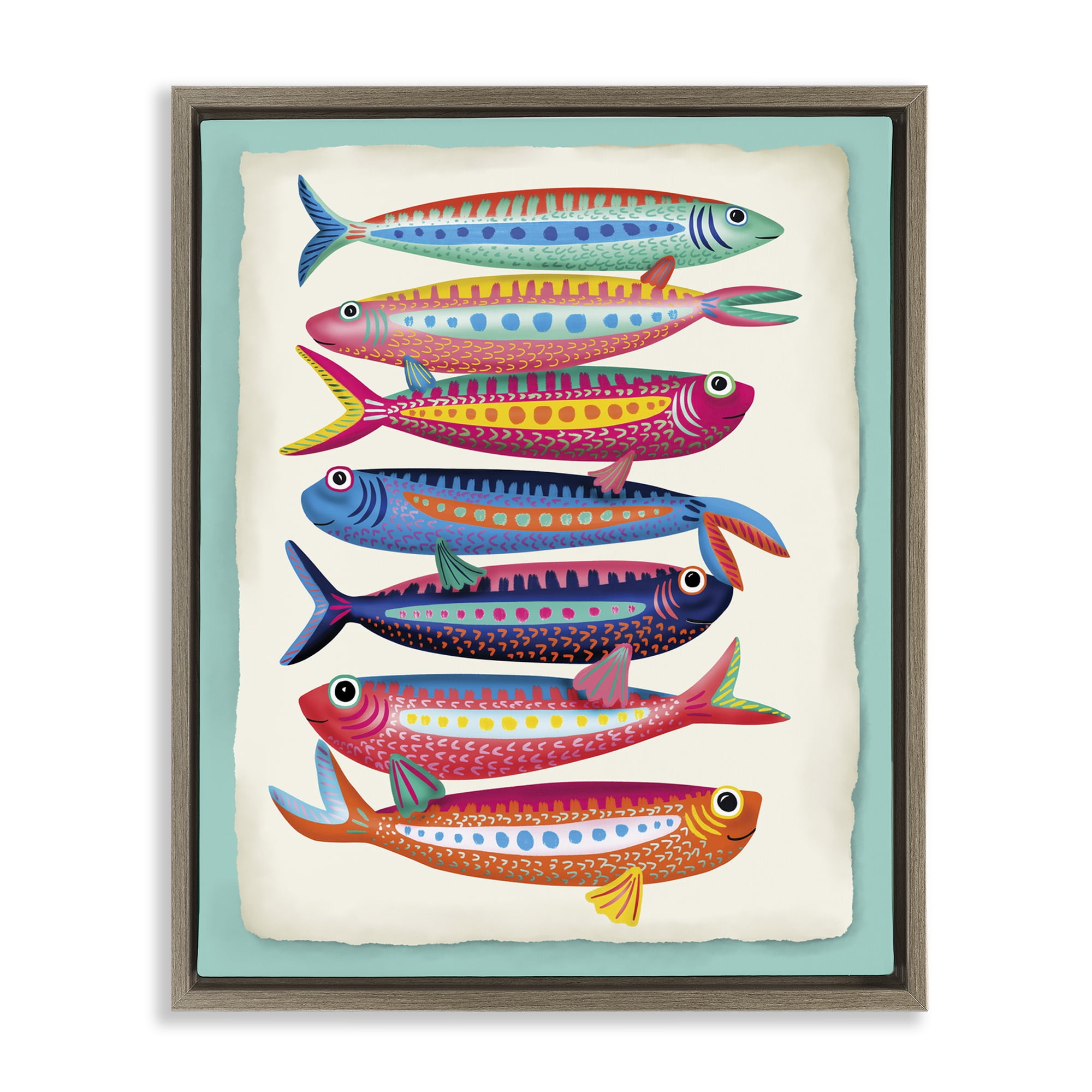 Stupell Industries Multi Hued Sardines Nautical & Beach Painting Brown Floater Framed Canvas Art Print Wall Art, 17 x 21
