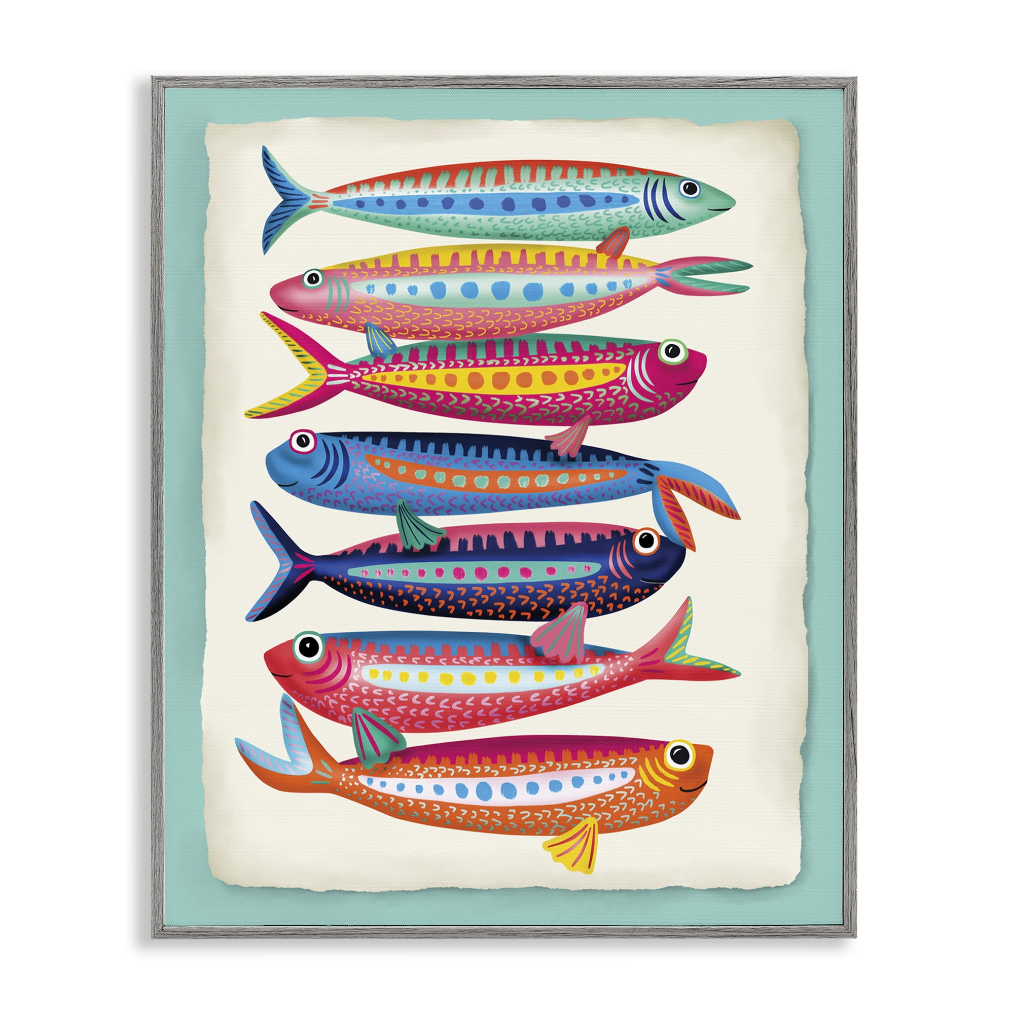 Stupell Industries Multi Hued Sardines Nautical & Beach Painting Gray Framed Art Print Wall Art, 16 x 20
