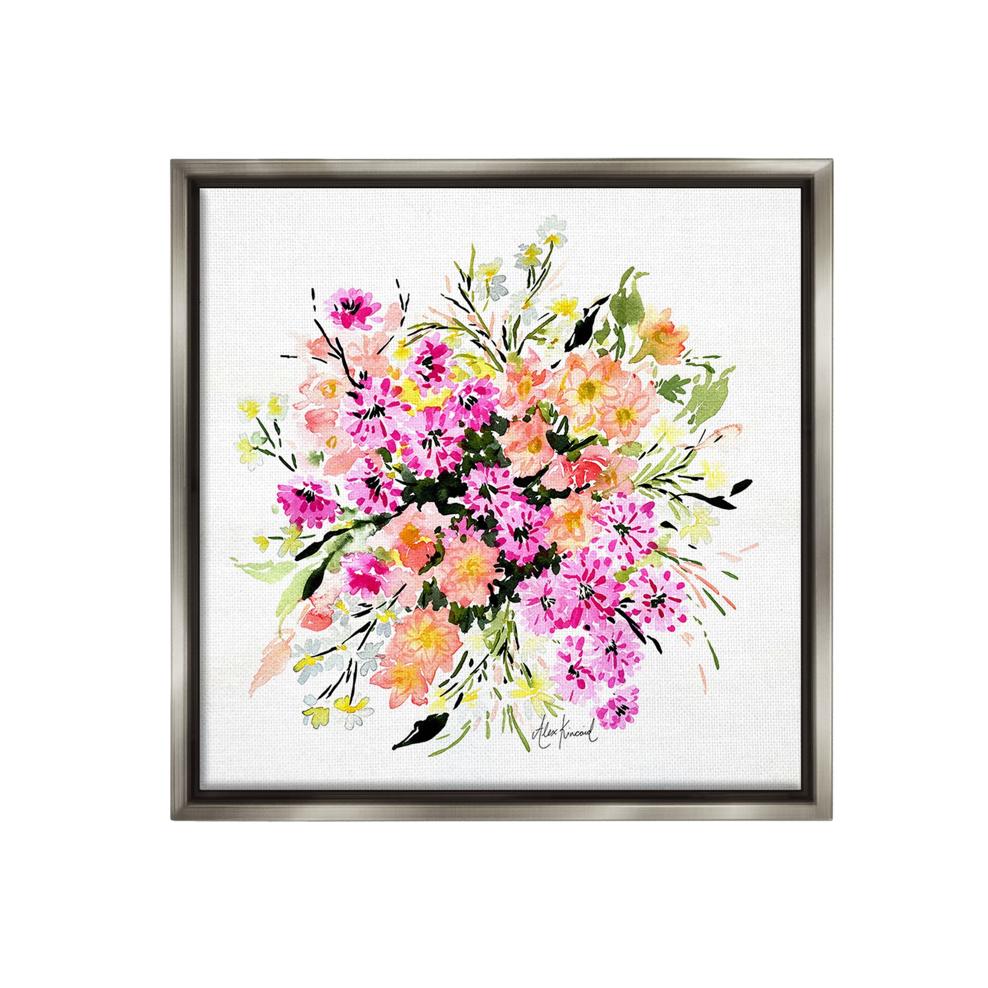 Stupell Industries Mums & Daisies Composition Botanical & Floral Painting Gray Floater Framed Canvas Art Print Wall Art, 18 x 18