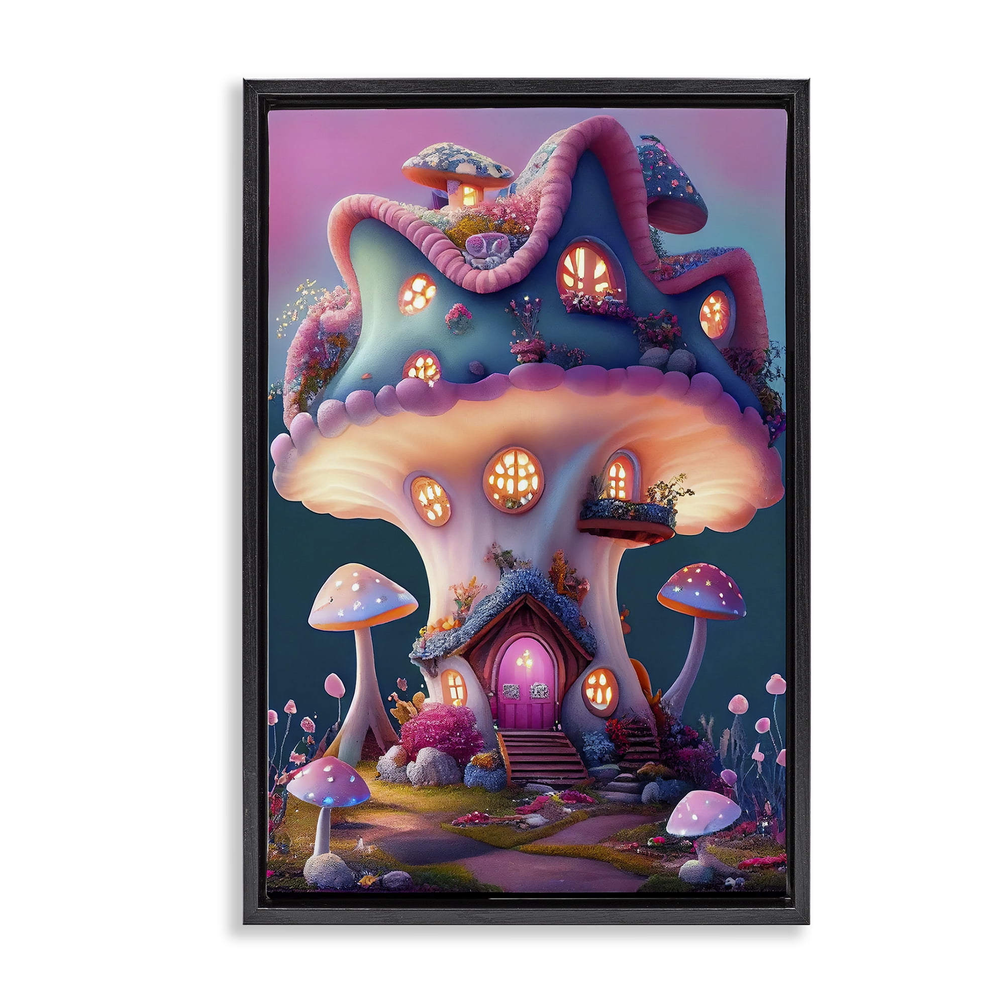 Stupell Industries Mushroom Cottage House Town & City Painting Black Floater Framed Art Print Wall Art, 17 x 25