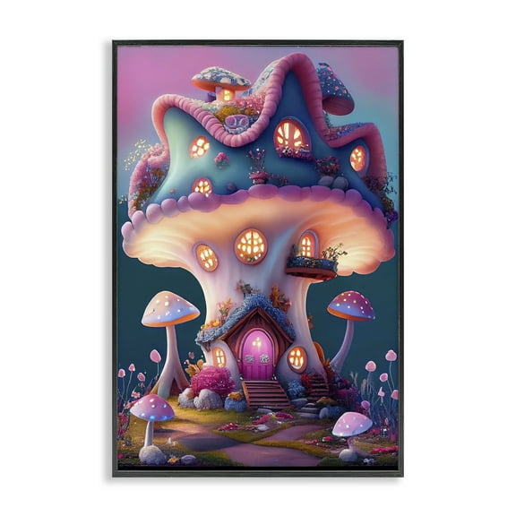 Stupell Industries Mushroom Cottage House Town & City Painting Black Framed Art Print Wall Art, 12 x 18