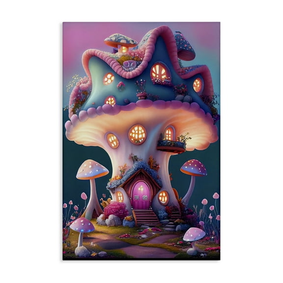 Stupell Industries Mushroom Cottage House Town & City Painting Gallery Wrapped Canvas Art Print Wall Art, 16 x 24
