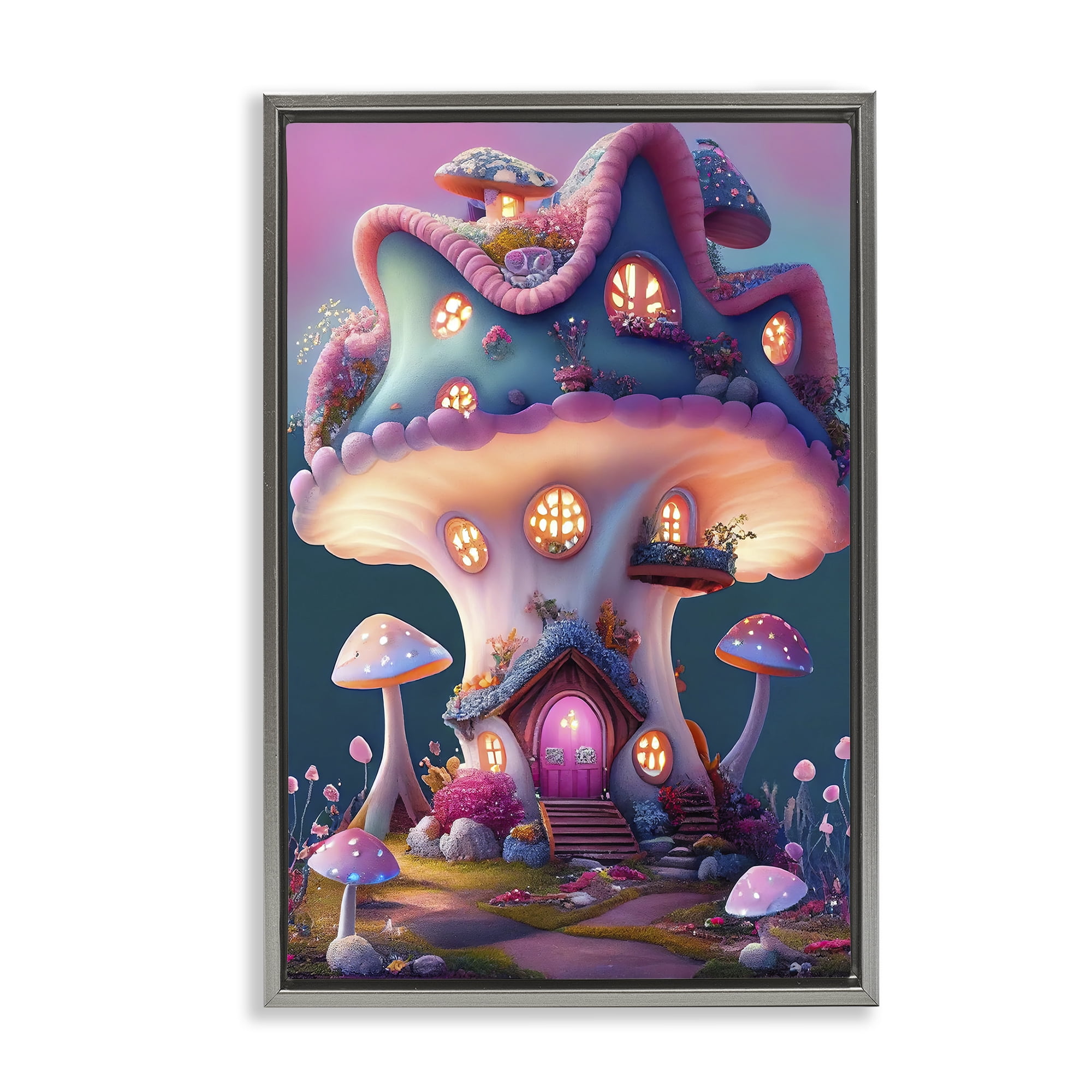 Stupell Industries Mushroom Cottage House Town & City Painting Gray Floater Framed Art Print Wall Art, 17 x 25