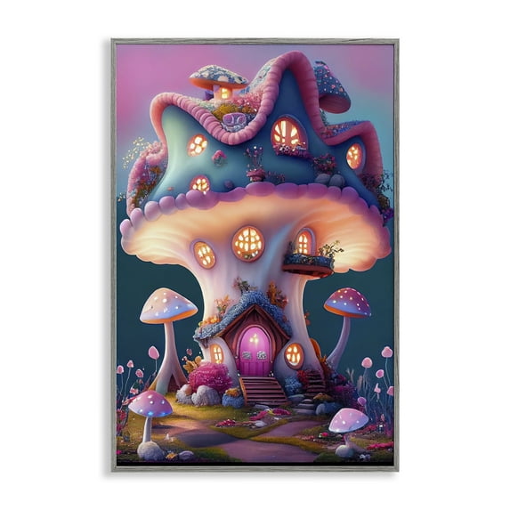 Stupell Industries Mushroom Cottage House Town & City Painting Gray Framed Art Print Wall Art, 16 x 24