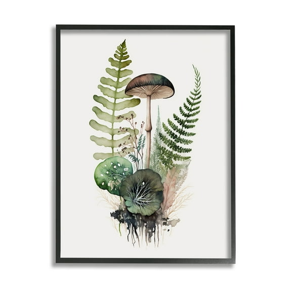 Stupell Industries Mushroom & Ferns Nature Botanical & Floral Painting Black Framed Art Print Wall Art, 16 x 20