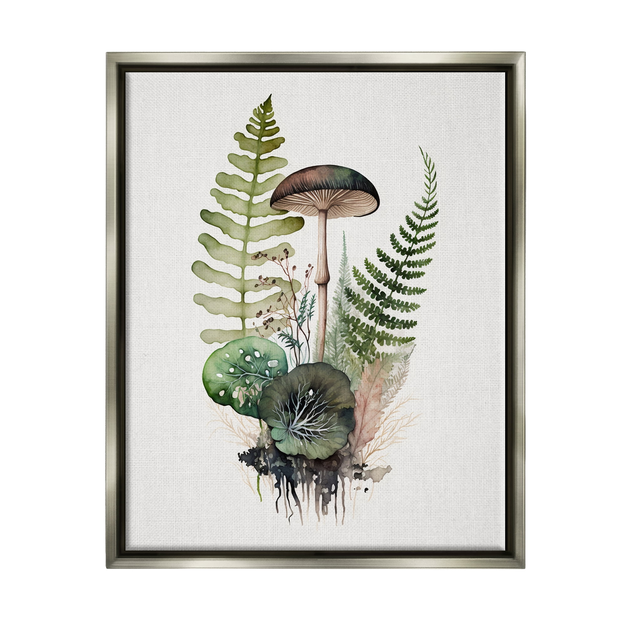 Stupell Industries Mushroom & Ferns Nature Botanical & Floral Painting Gray Floater Framed Canvas Art Print Wall Art, 25 x 31