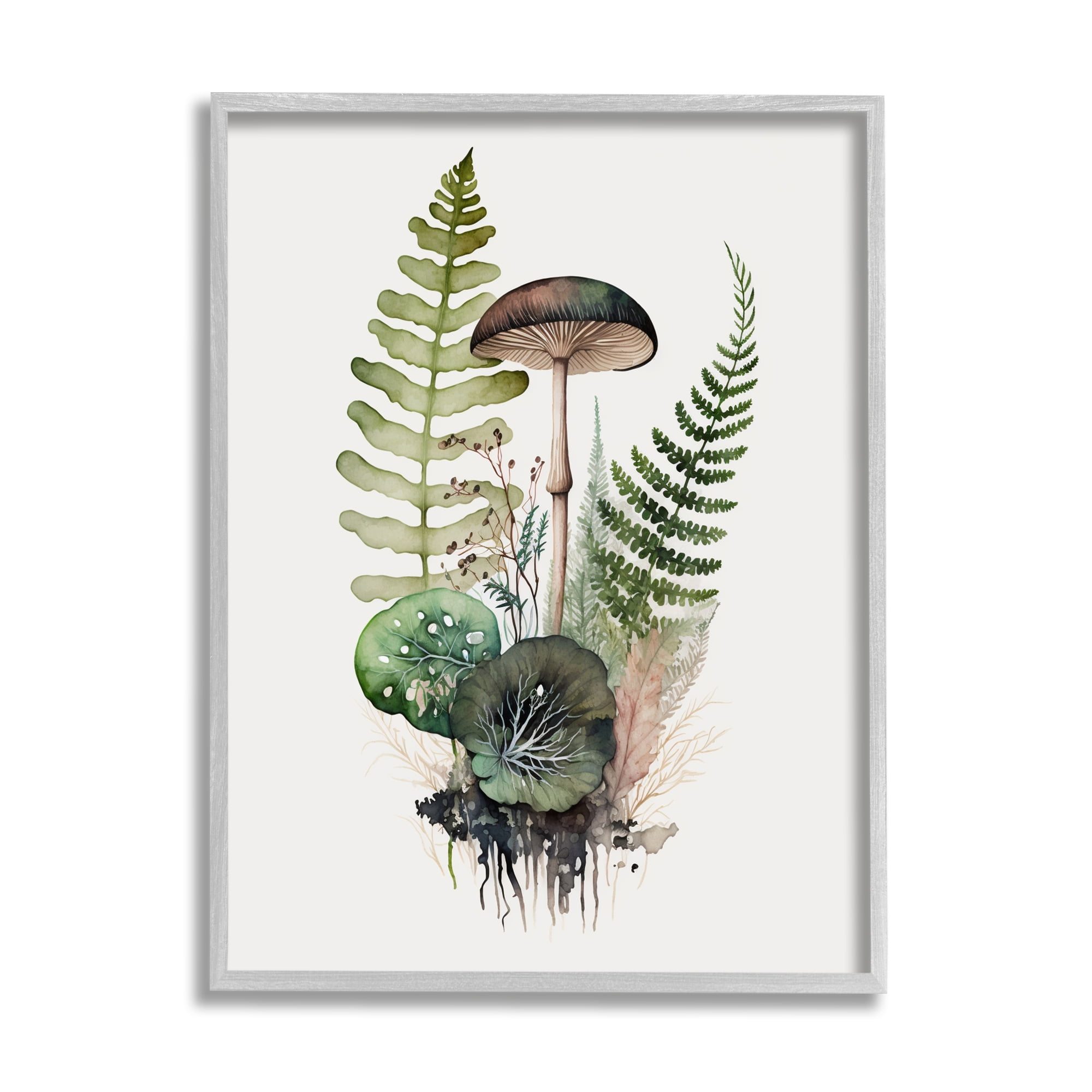 Stupell Industries Mushroom & Ferns Nature Botanical & Floral Painting Gray Framed Art Print Wall Art, 24 x 30