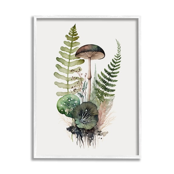 Stupell Industries Mushroom & Ferns Nature Botanical & Floral Painting White Framed Art Print Wall Art, 11 x 14