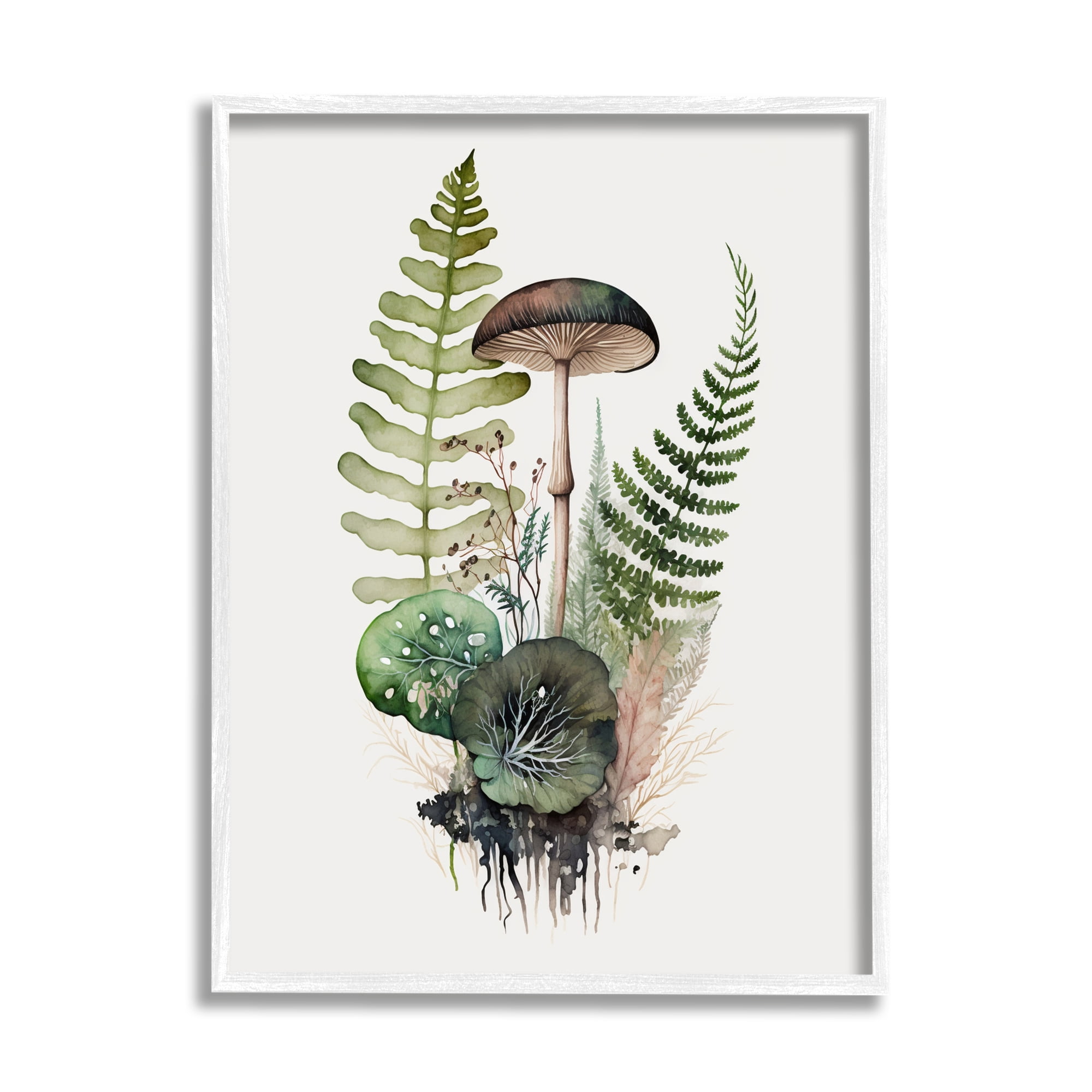 Stupell Industries Mushroom & Ferns Nature Botanical & Floral Painting White Framed Art Print Wall Art, 16 x 20