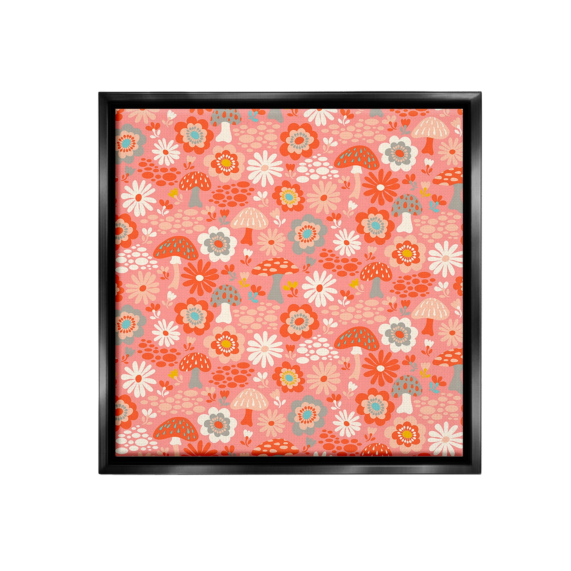 Stupell Industries Mushroom & Floral Pattern Botanical & Floral Painting Black Floater Framed Canvas Art Print Wall Art, 18 x 18