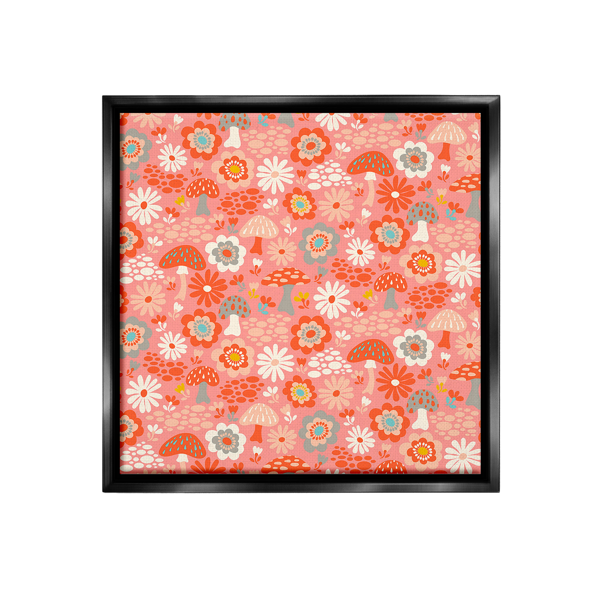Stupell Industries Mushroom & Floral Pattern Botanical & Floral Painting Black Floater Framed Canvas Art Print Wall Art, 25 x 25