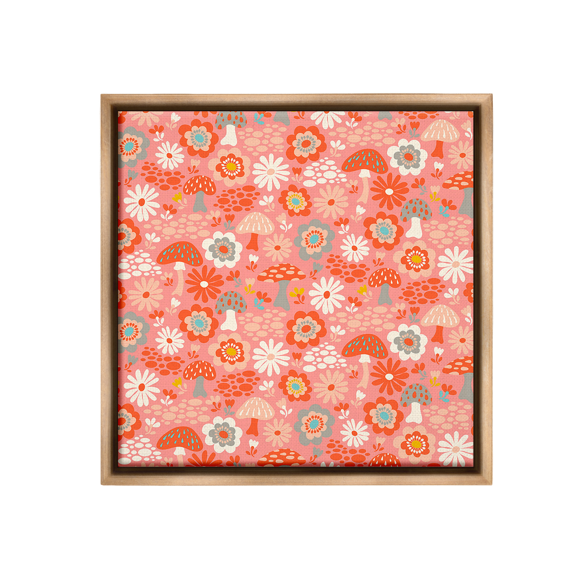 Stupell Industries Mushroom & Floral Pattern Botanical & Floral Painting Brown Floater Framed Canvas Art Print Wall Art, 18 x 18