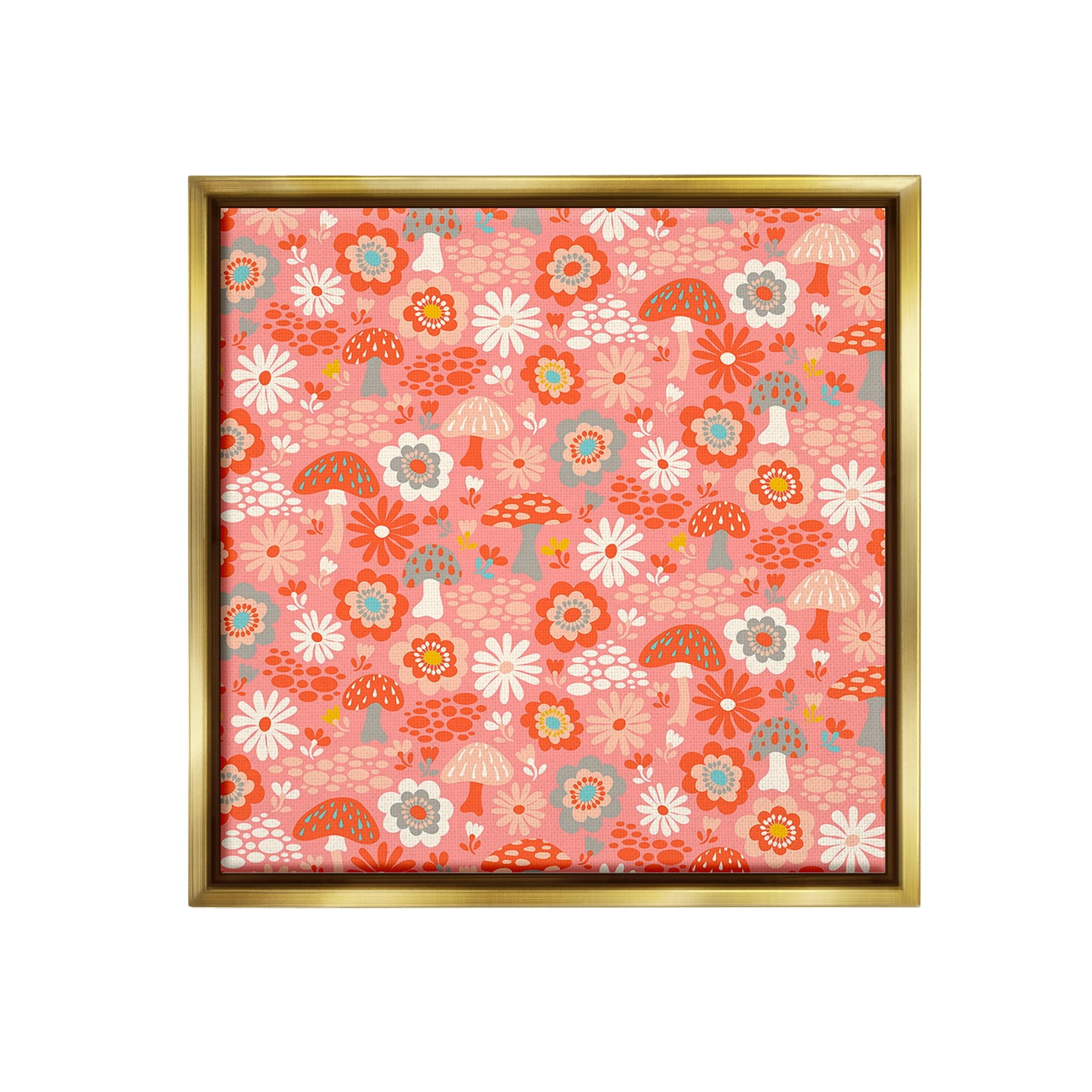 Stupell Industries Mushroom & Floral Pattern Botanical & Floral Painting Gold Floater Framed Canvas Art Print Wall Art, 25 x 25