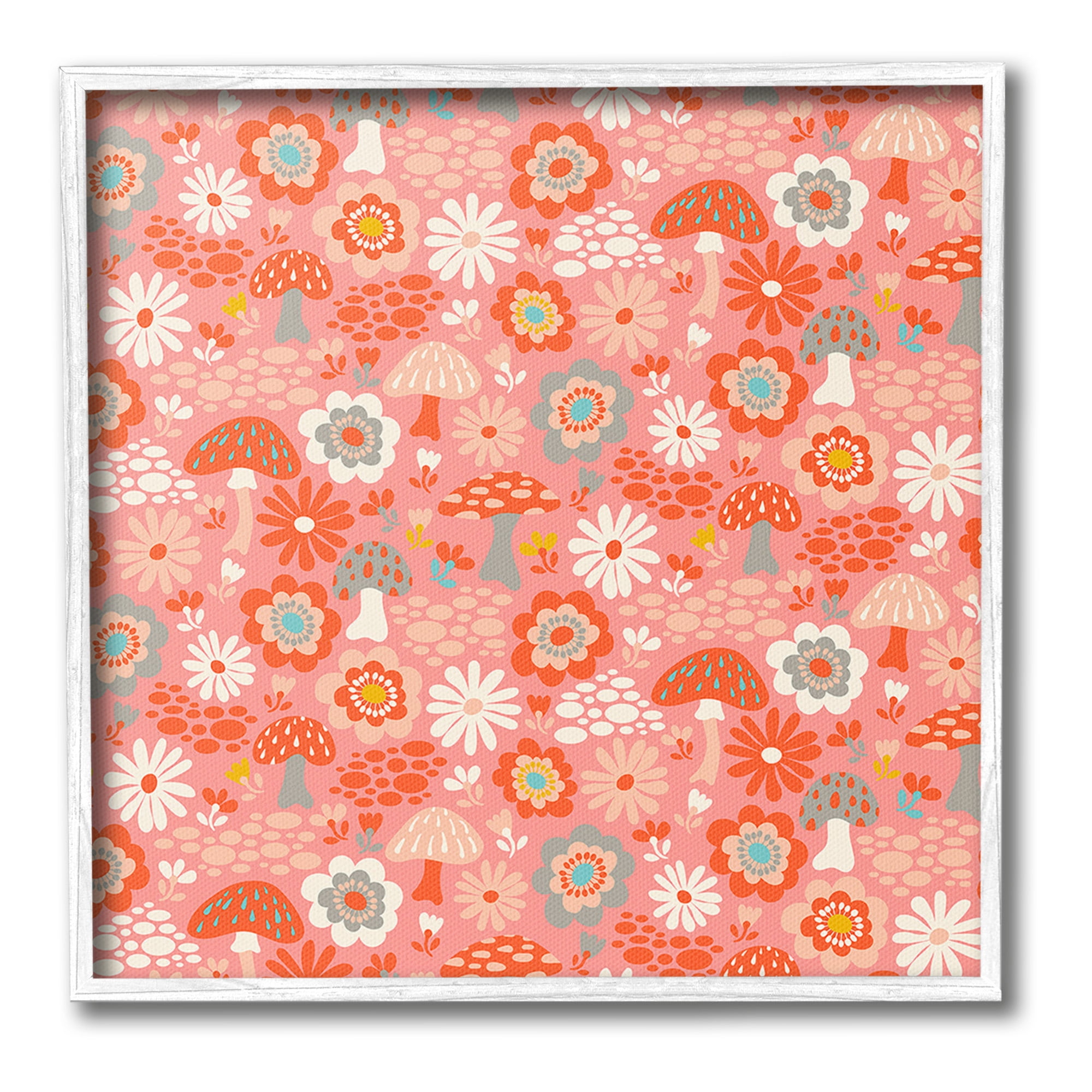 Stupell Industries Mushroom & Floral Pattern Botanical & Floral Painting White Framed Art Print Wall Art, 17 x 17