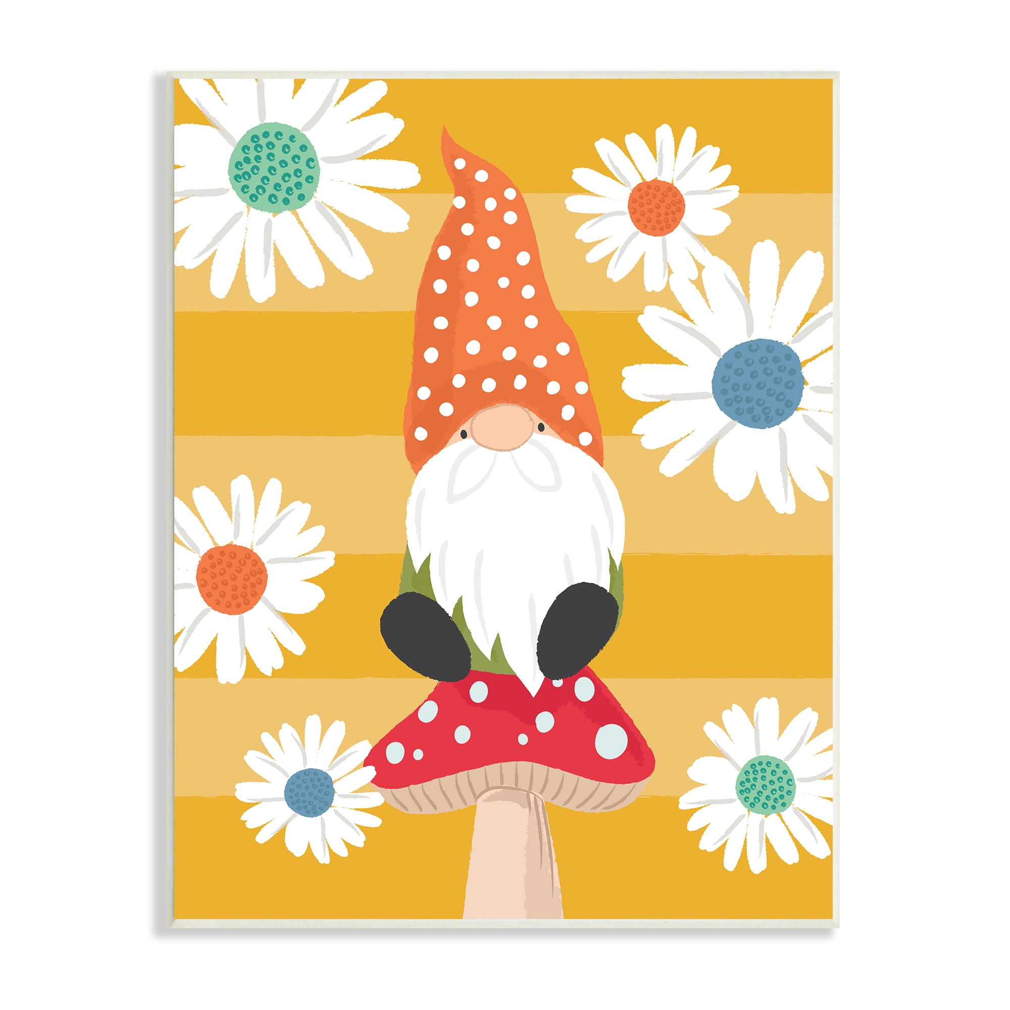Stupell Industries Mushroom Garden Gnome White Daisies Yellow Stripes, 10 x 15, Designed by Lisa Whitebutton