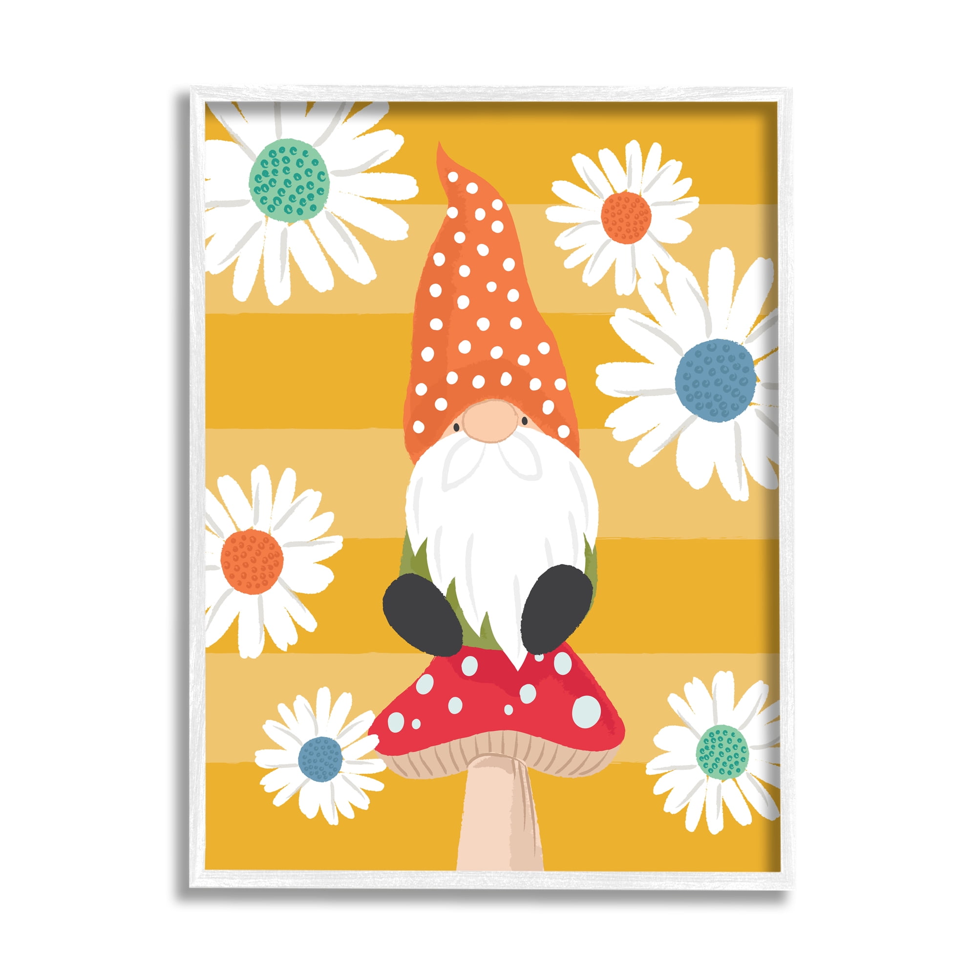 Stupell Industries Mushroom Garden Gnome White Daisies Yellow Stripes, 16 x 20, Designed by Lisa Whitebutton