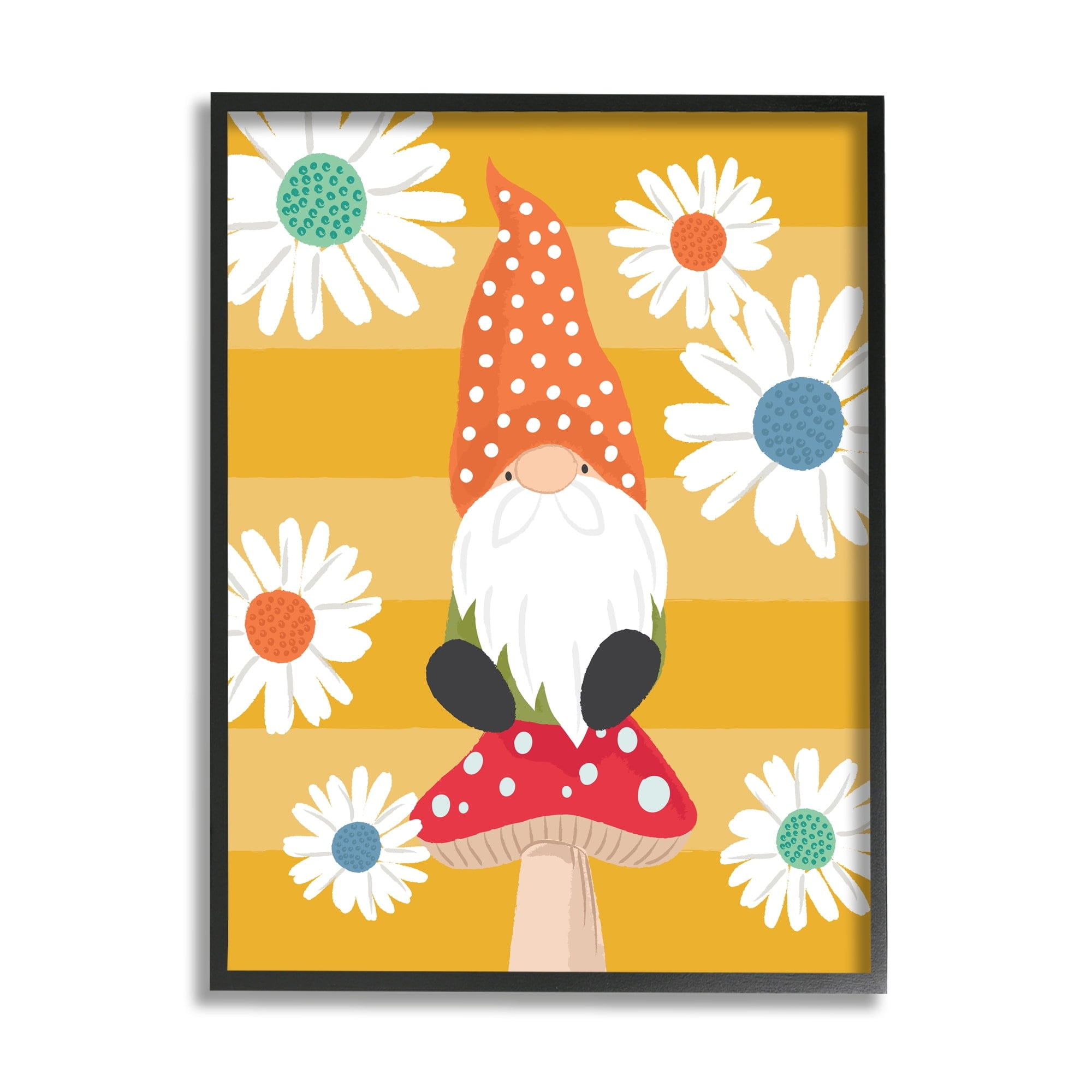 Stupell Industries Mushroom Garden Gnome White Daisies Yellow Stripes, 16 x 20, Designed by Lisa Whitebutton