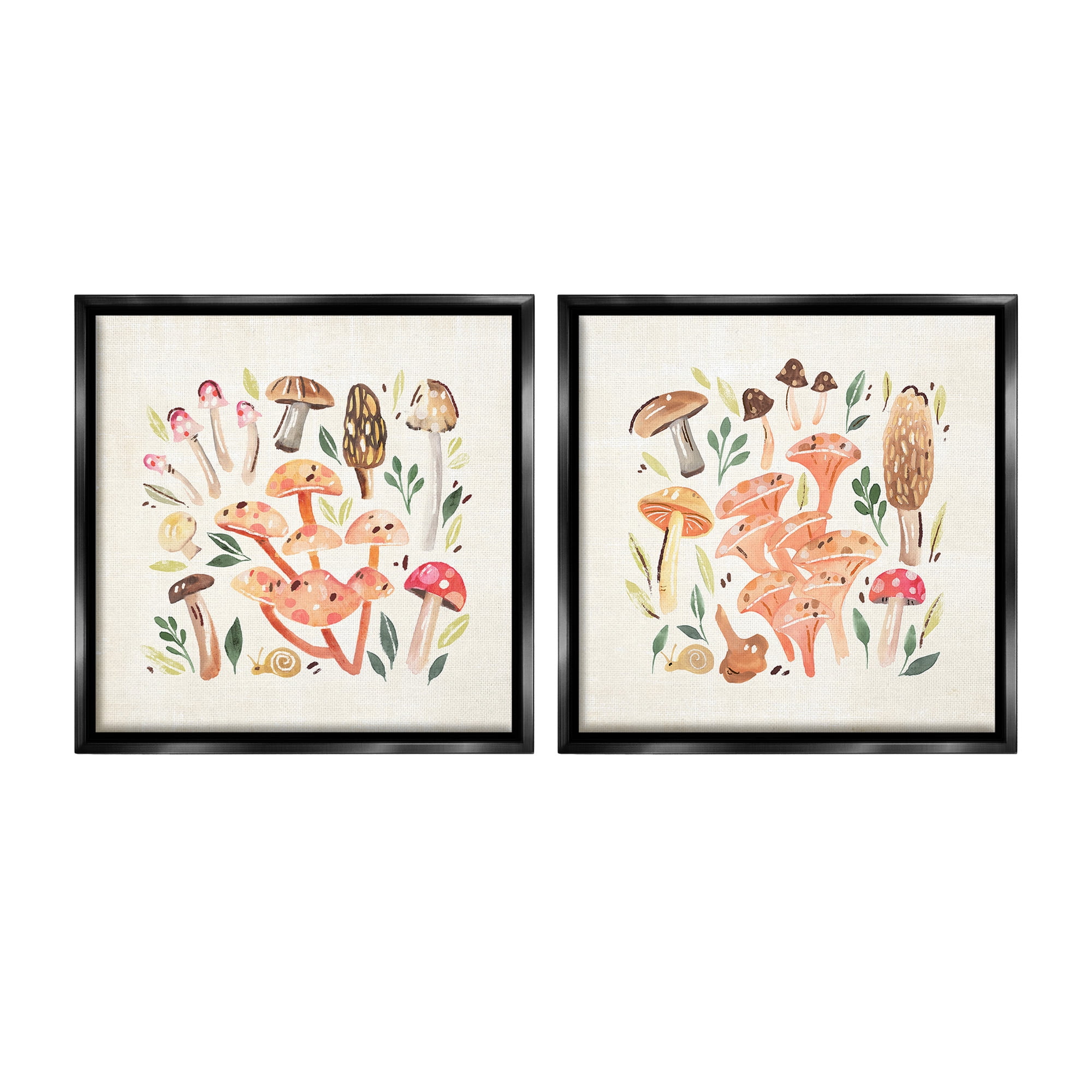 Stupell Industries Mushroom & Leaves Pattern Botanical & Floral Painting Black Floater Framed Canvas Art Print Wall Art, 25 x 25, Set of 2