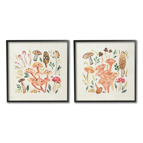 Stupell Industries Mushroom & Leaves Pattern Botanical & Floral Painting Black Framed Art Print Wall Art, 12 x 12, Set of 2