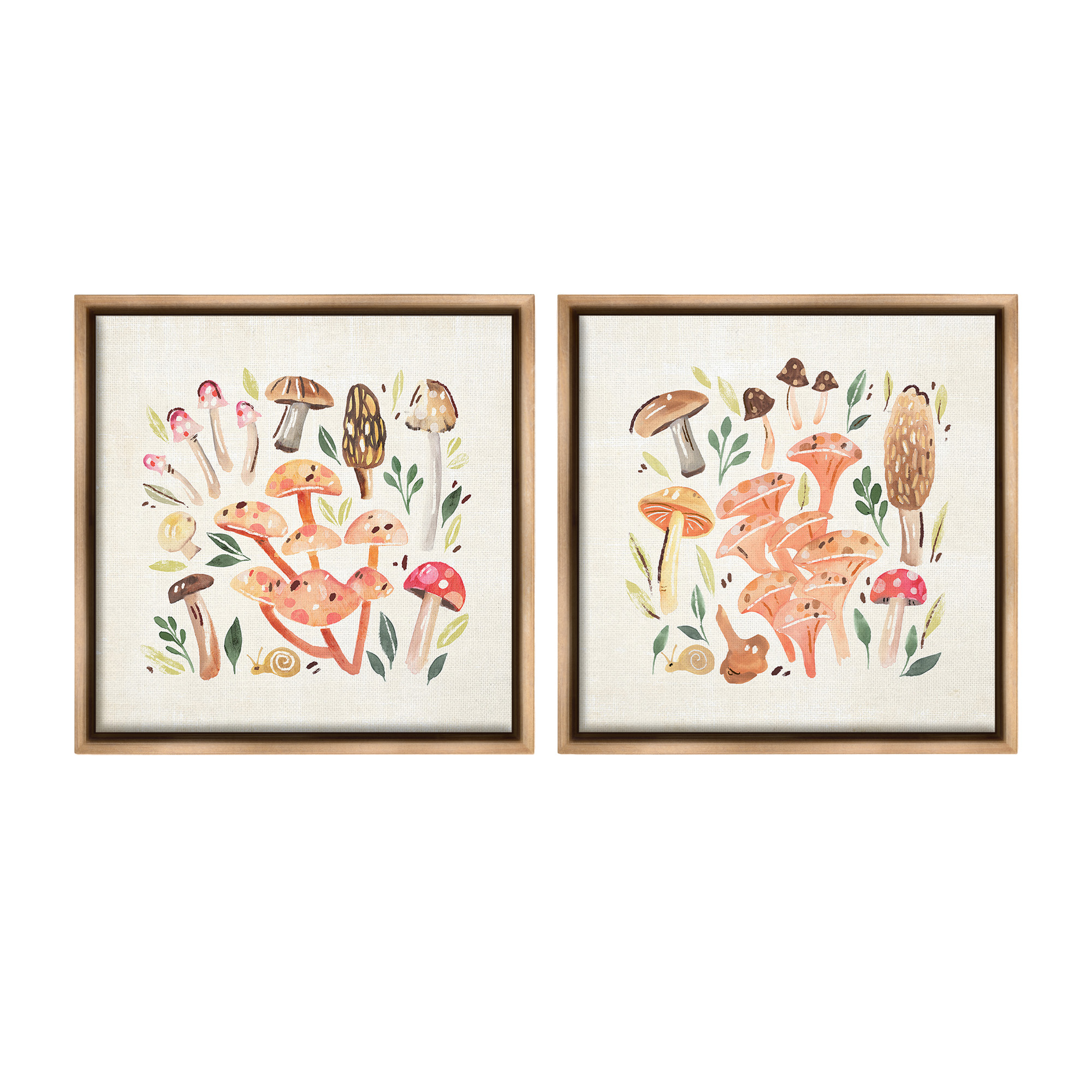 Stupell Industries Mushroom & Leaves Pattern Botanical & Floral Painting Brown Floater Framed Canvas Art Print Wall Art, 18 x 18, Set of 2