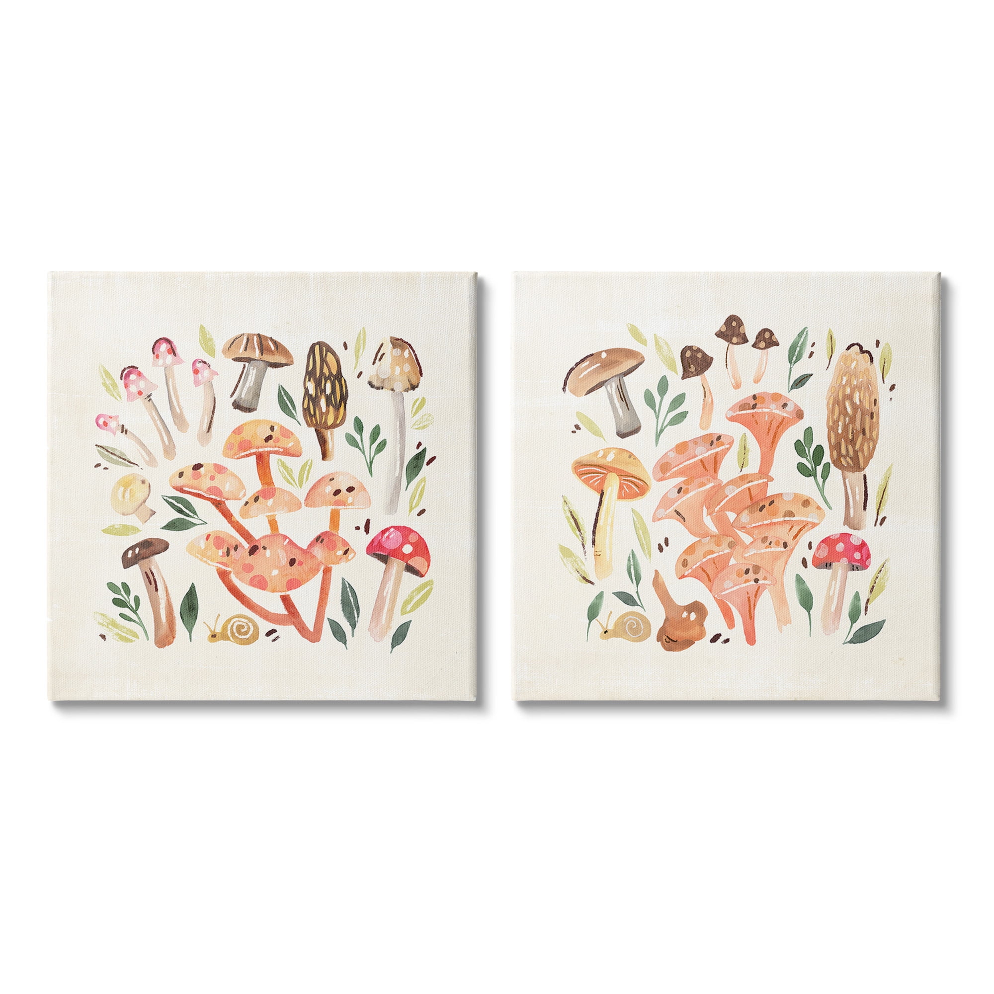 Stupell Industries Mushroom & Leaves Pattern Botanical & Floral Painting Gallery Wrapped Canvas Art Print Wall Art, 24 x 24, Set of 2