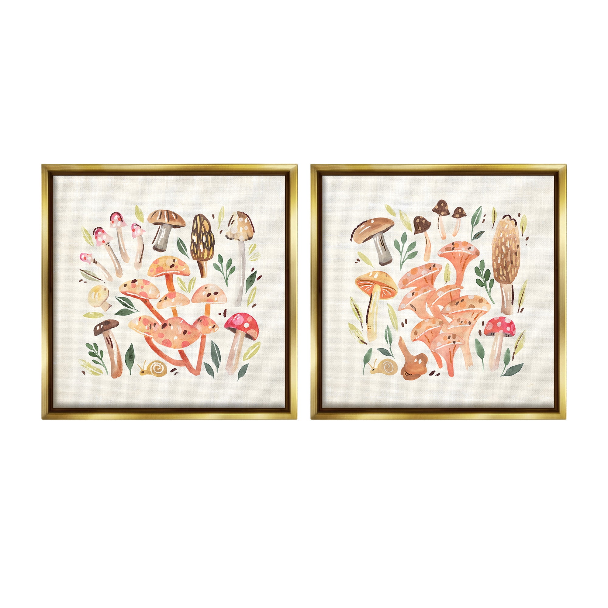Stupell Industries Mushroom & Leaves Pattern Botanical & Floral Painting Gold Floater Framed Canvas Art Print Wall Art, 25 x 25, Set of 2