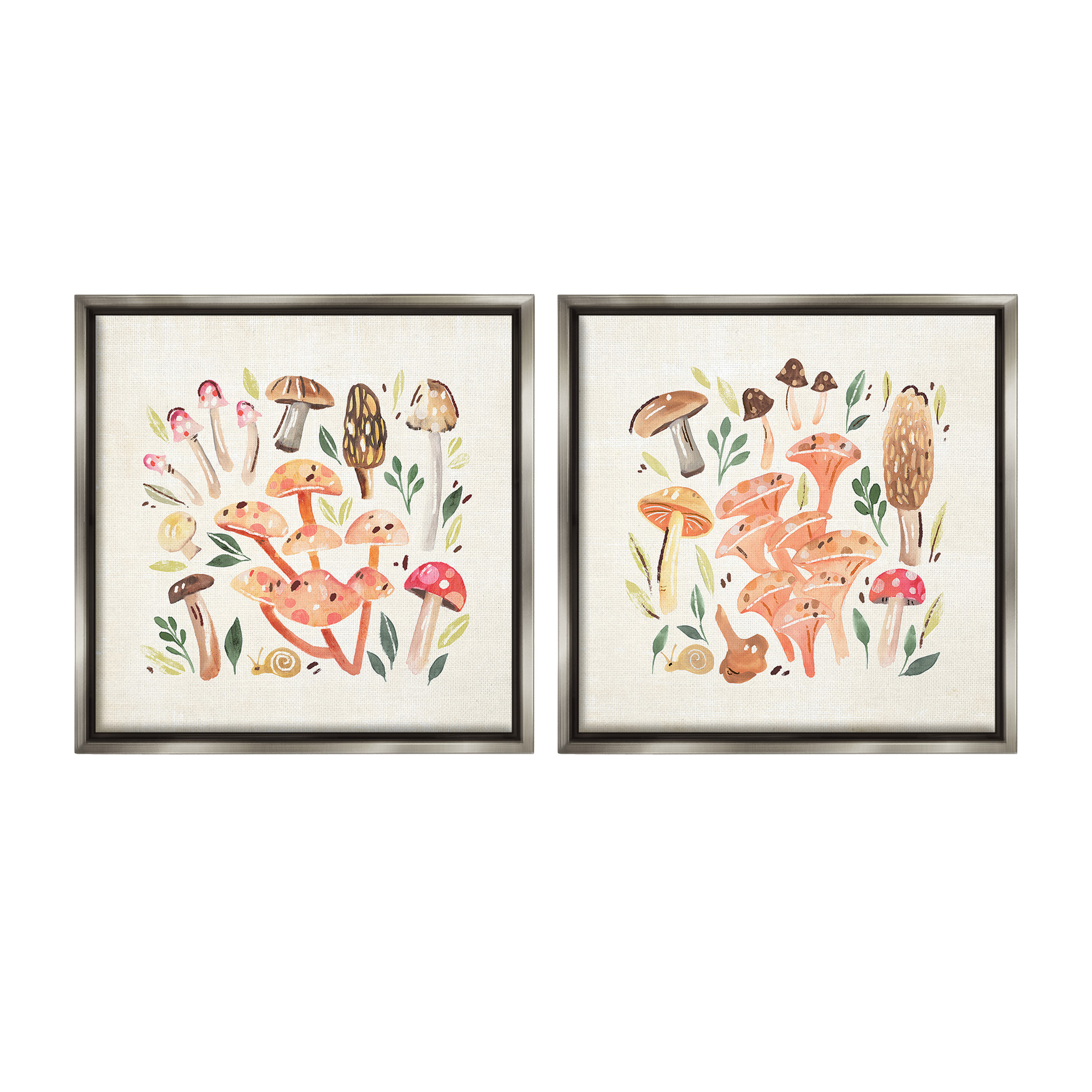 Stupell Industries Mushroom & Leaves Pattern Botanical & Floral Painting Gray Floater Framed Canvas Art Print Wall Art, 18 x 18, Set of 2