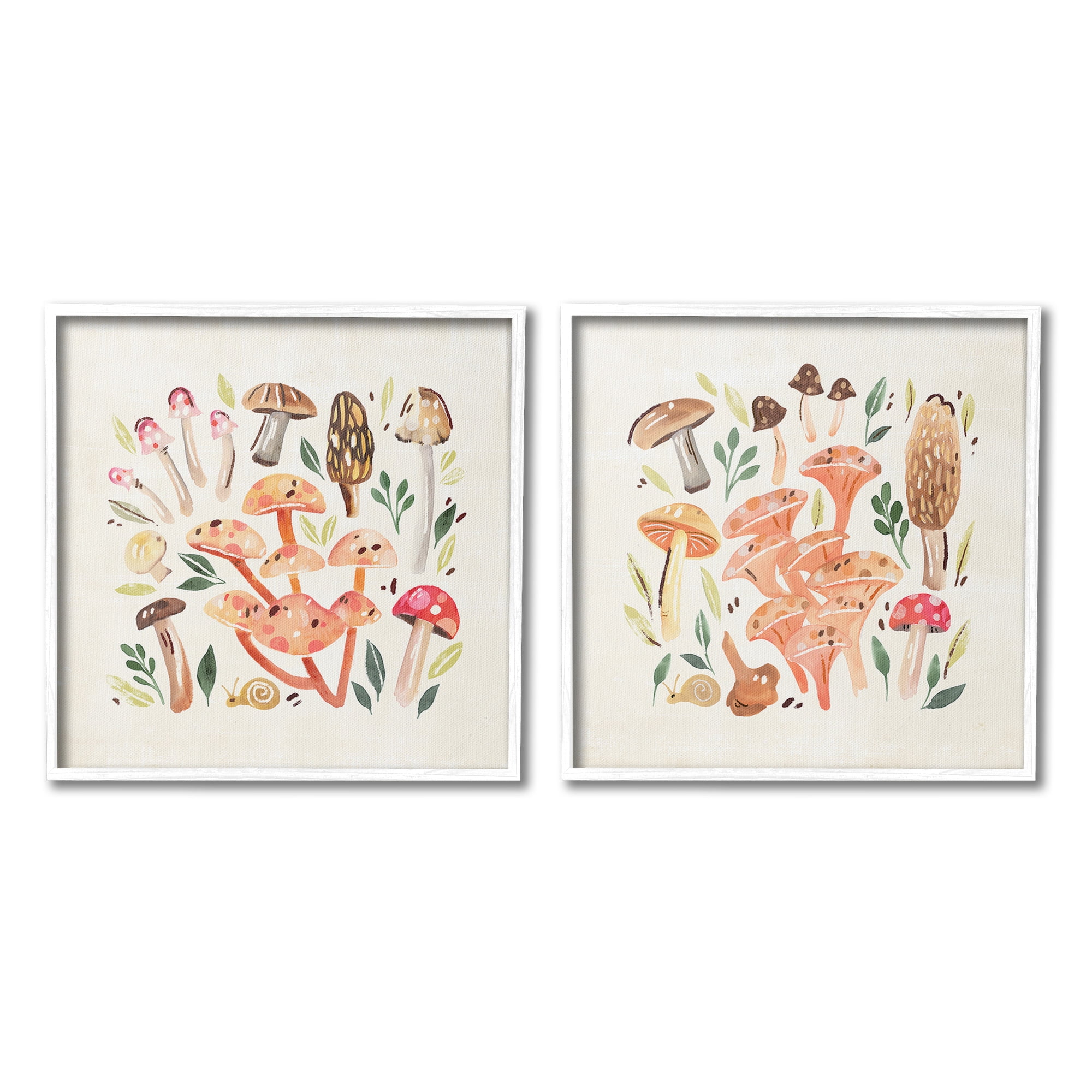 Stupell Industries Mushroom & Leaves Pattern Botanical & Floral Painting White Framed Art Print Wall Art, 12 x 12, Set of 2