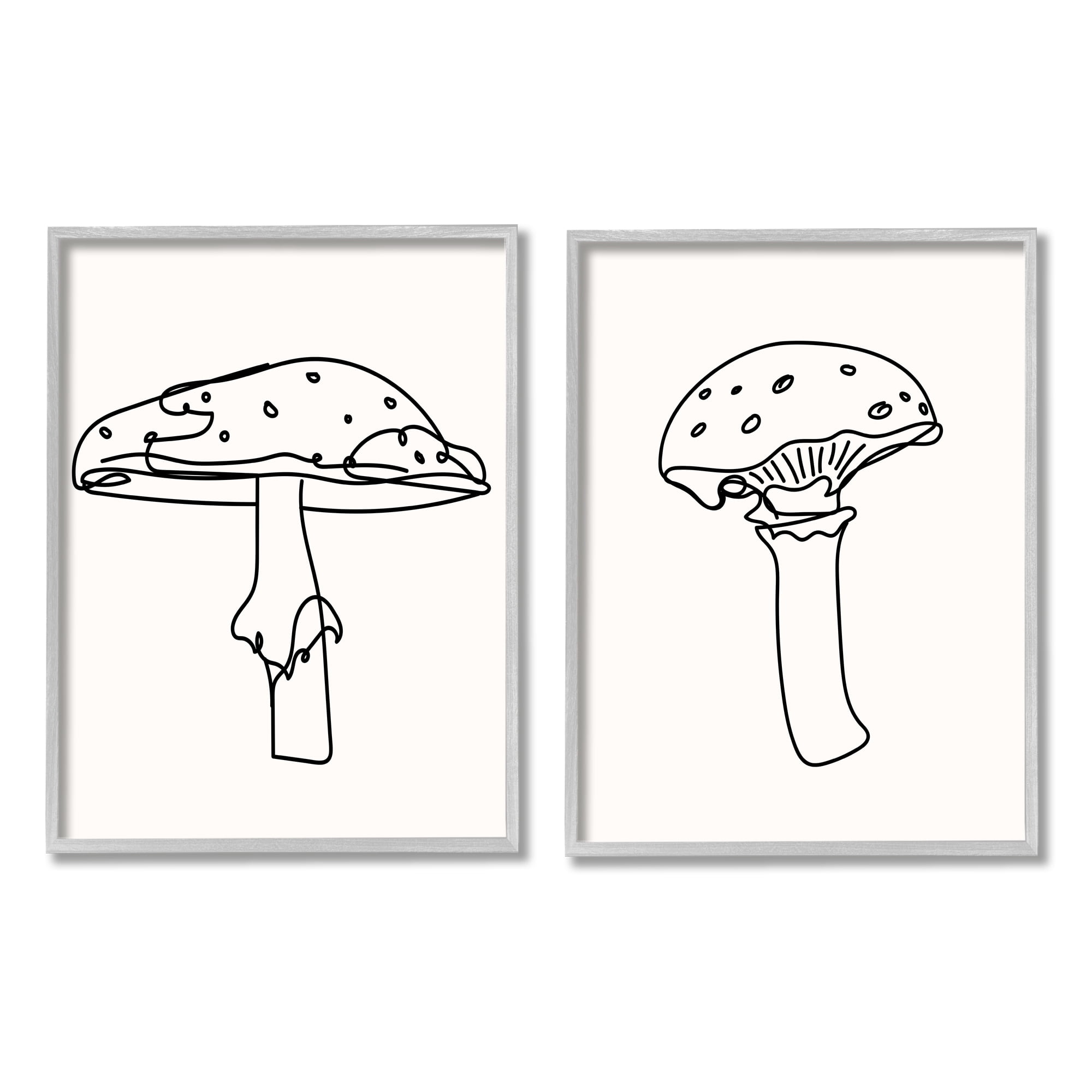 Stupell Industries Mushroom Line Doodles Botanical & Floral Painting Gray Framed Art Print Wall Art, 11 x 14, Set of 2
