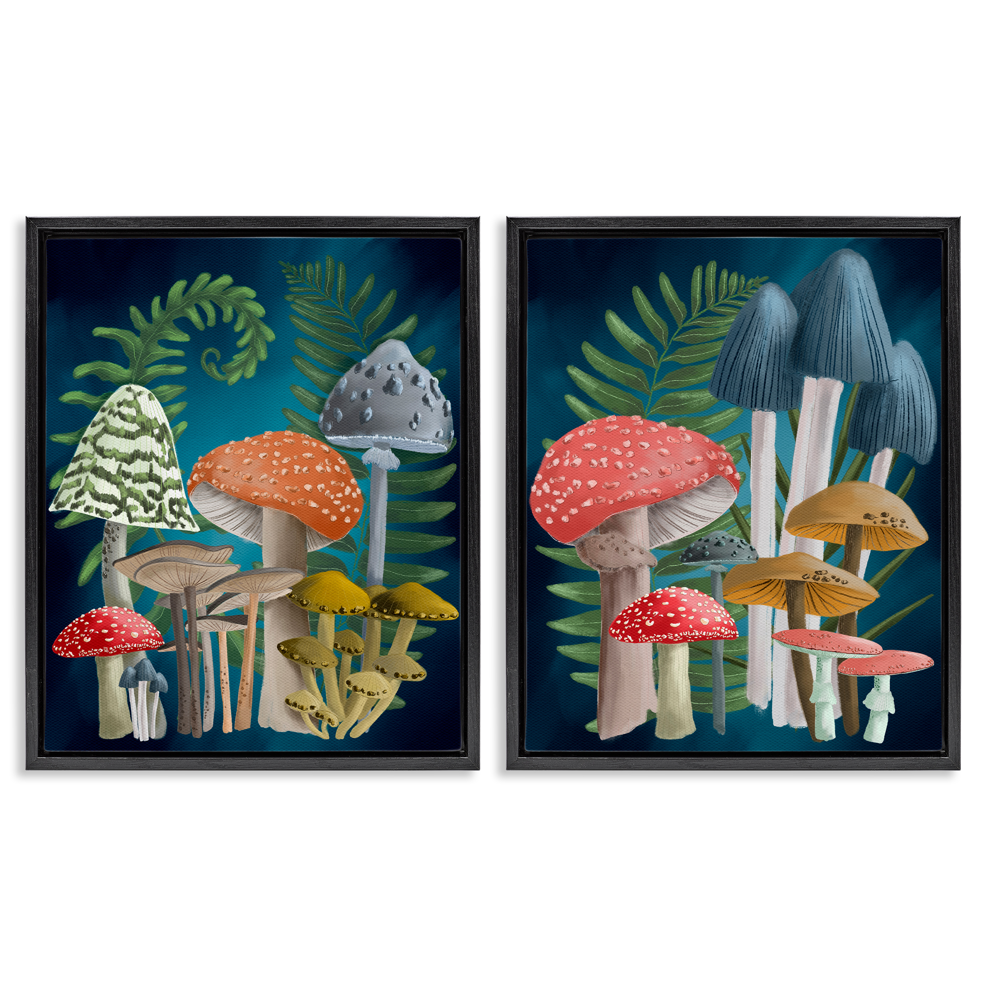 Stupell Industries Mushroom Varieties Forest Ferns Plants & Flowers Painting Black Floater Framed Canvas Art Print Wall Art, 31 x 25, Set of 2