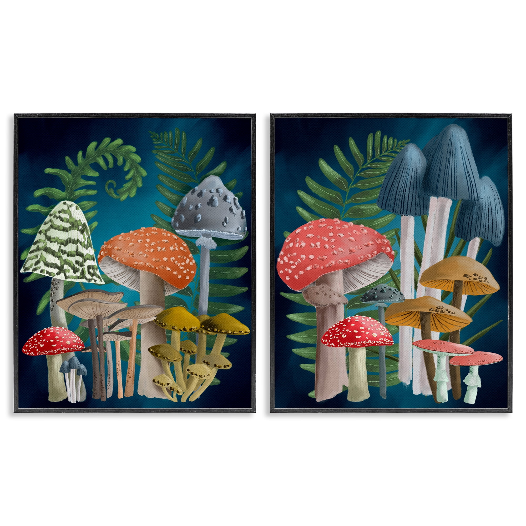 Stupell Industries Mushroom Varieties Forest Ferns Plants & Flowers Painting Black Framed Art Print Wall Art, 16 x 20, Set of 2
