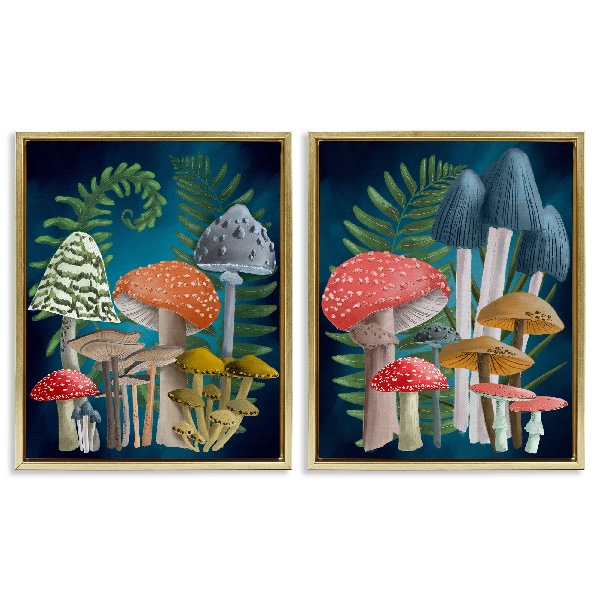 Stupell Industries Mushroom Varieties Forest Ferns Plants & Flowers Painting Gold Floater Framed Canvas Art Print Wall Art, 17 x 21, Set of 2